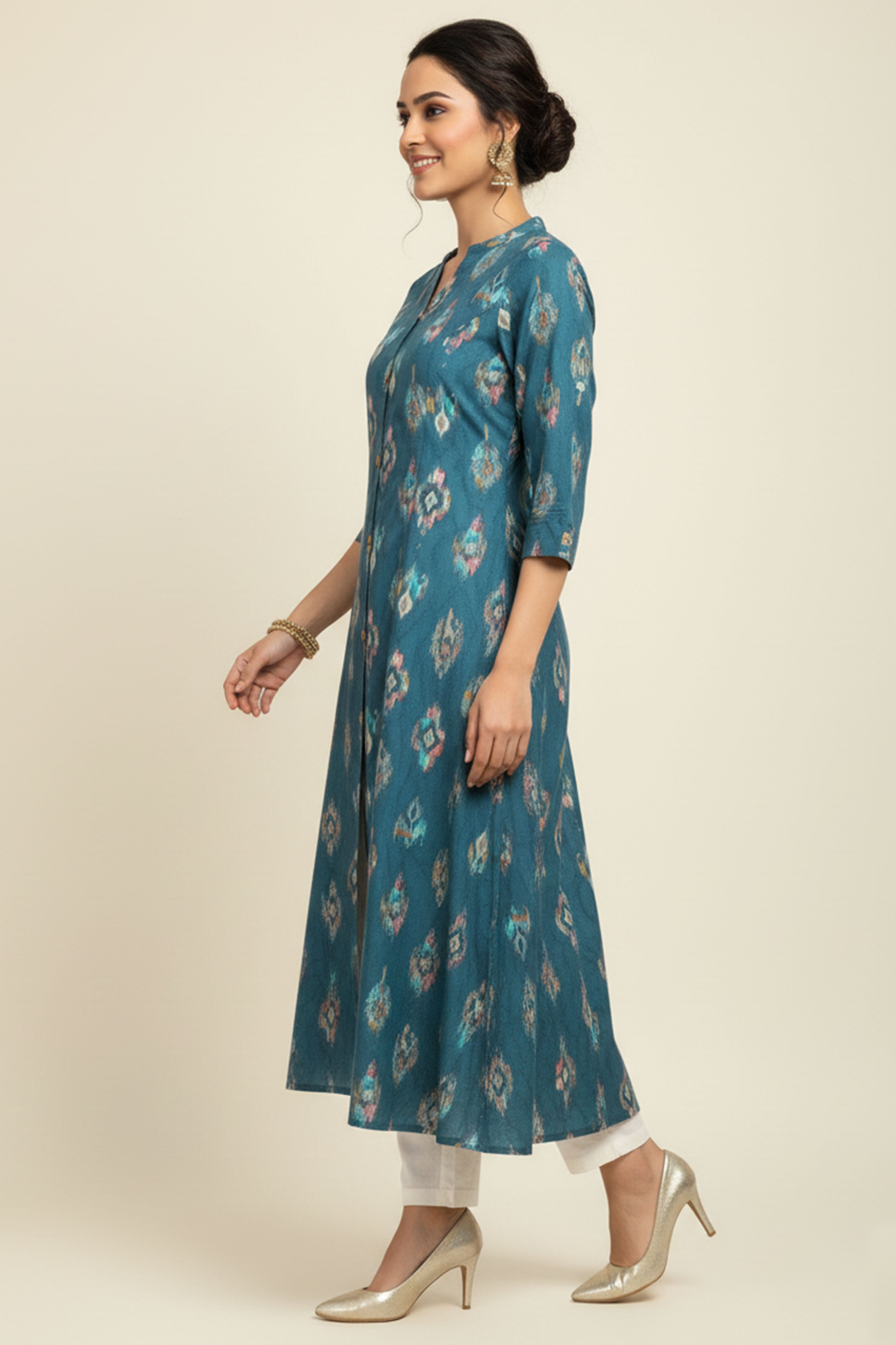 Dark Turquoise Ikkat Printed Pure Cotton A-Line Kurti