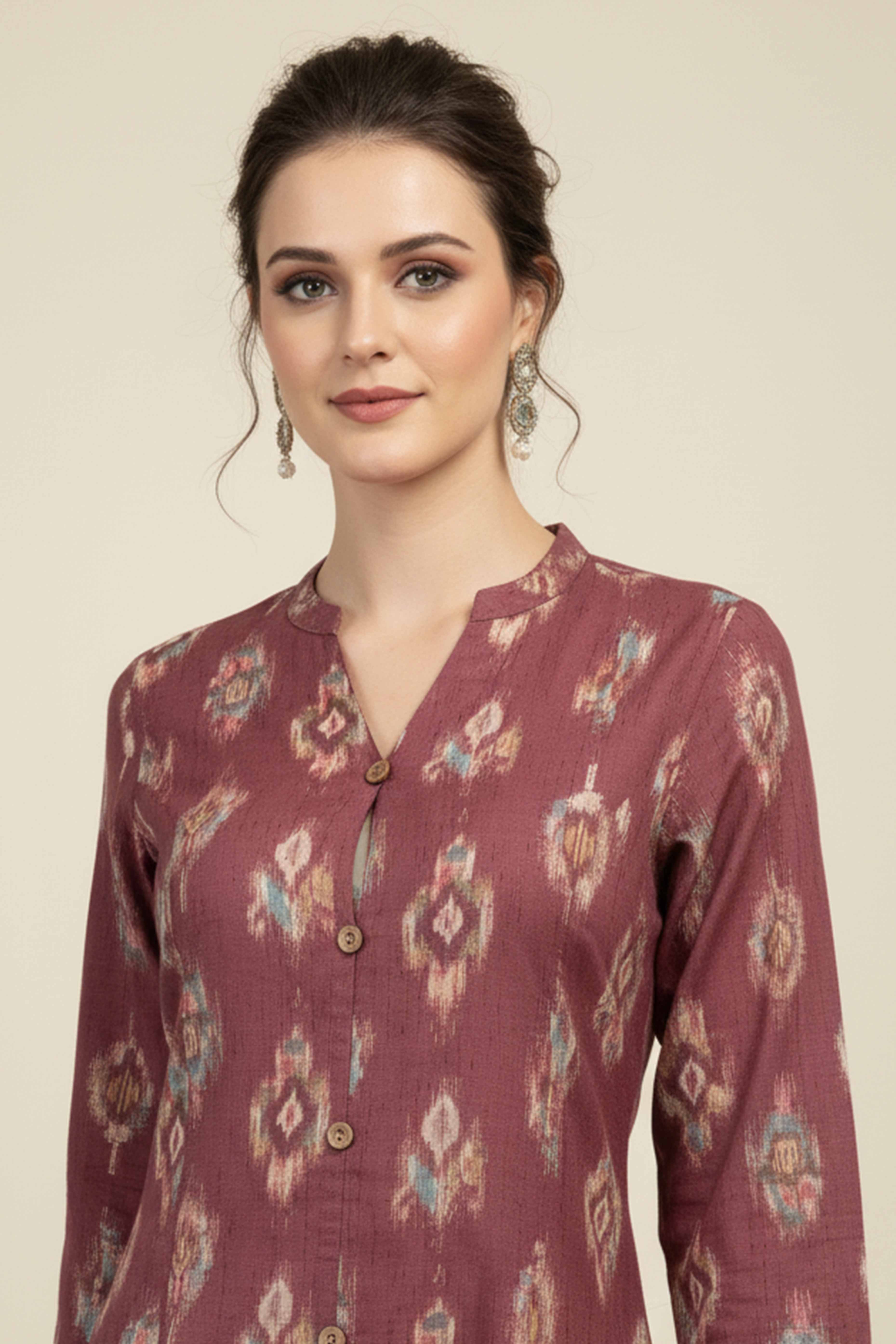 Purple Ikkat Printed Pure Cotton A-Line Kurti