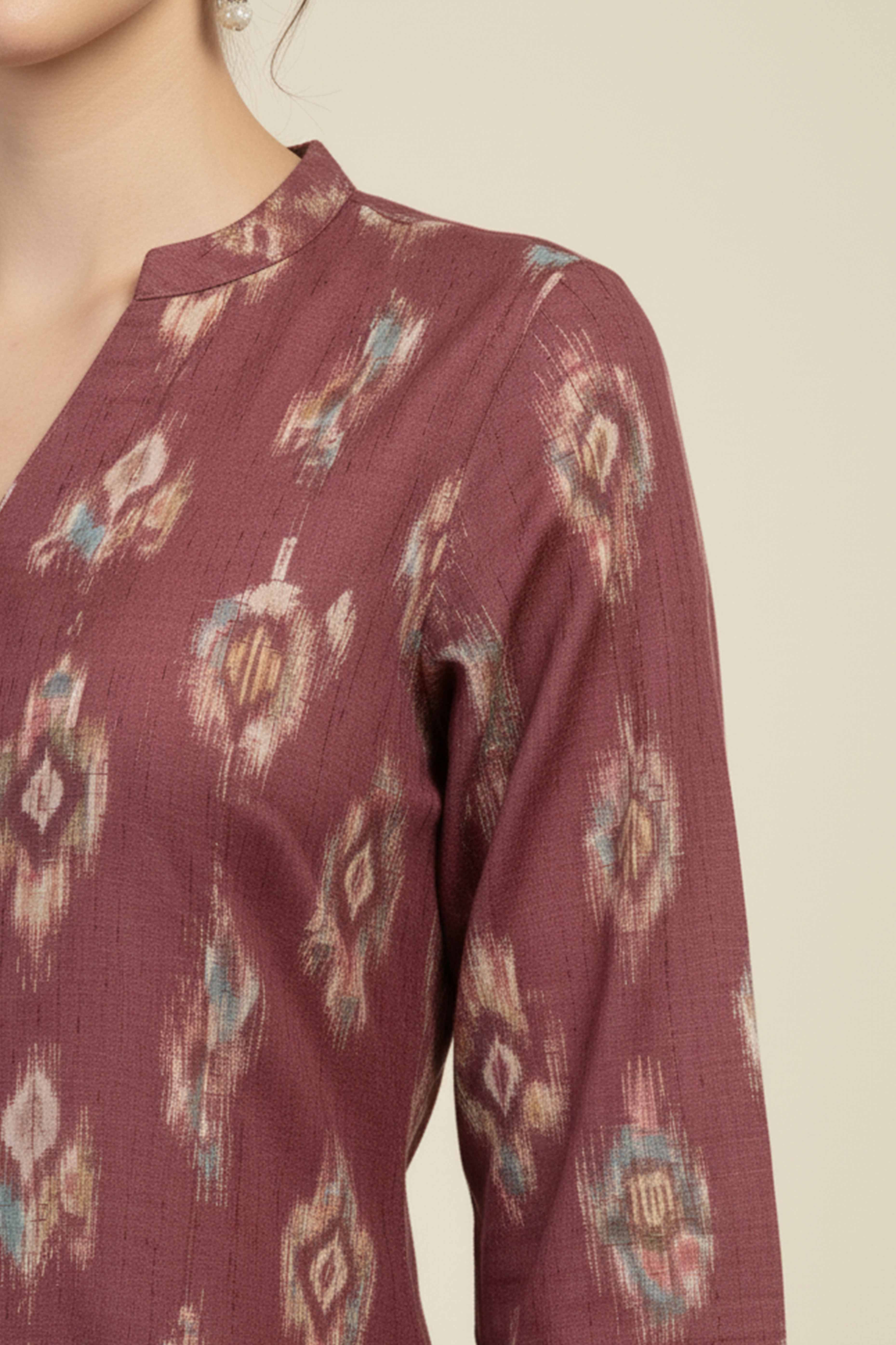 Purple Ikkat Printed Pure Cotton A-Line Kurti