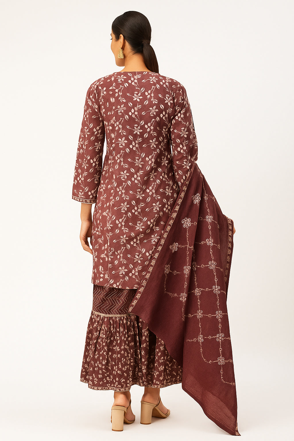 Designer Rust Pure Mulmul Cotton Sharara Suit with Floral Motifs