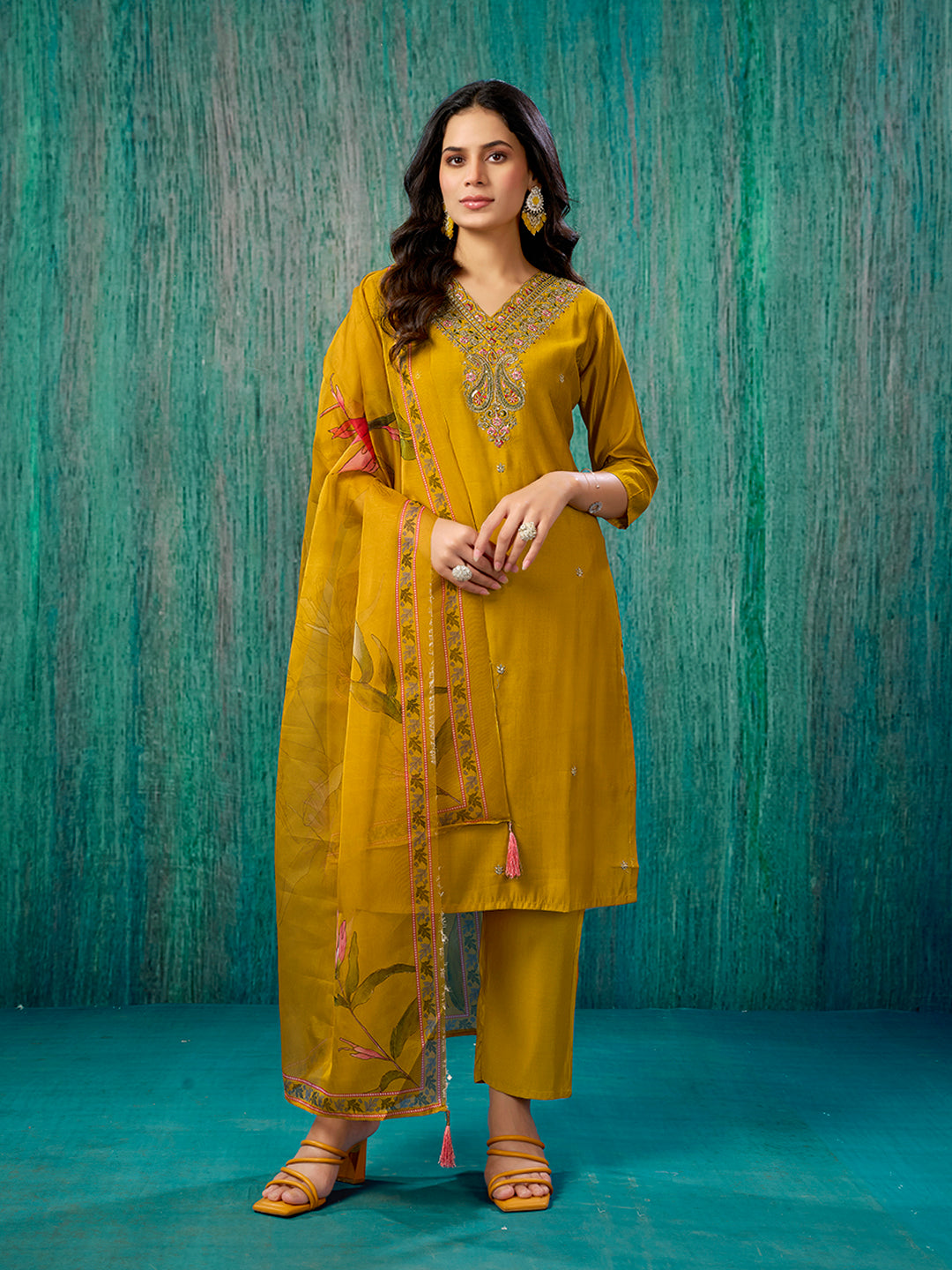 Mustard Thread Embroidered Chanderi Straight Salwar Suit