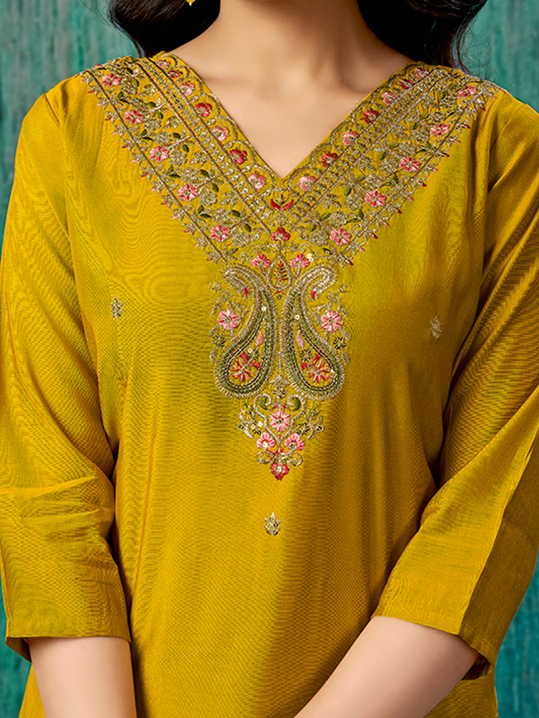 Mustard Thread Embroidered Chanderi Straight Salwar Suit