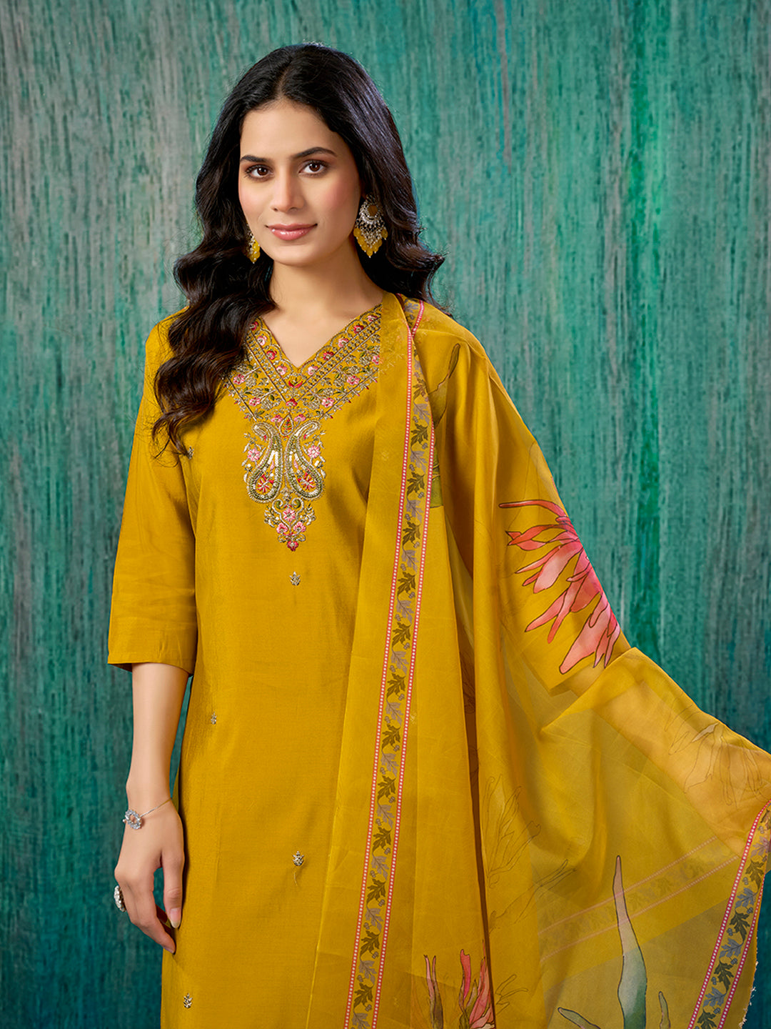 Mustard Thread Embroidered Chanderi Straight Salwar Suit