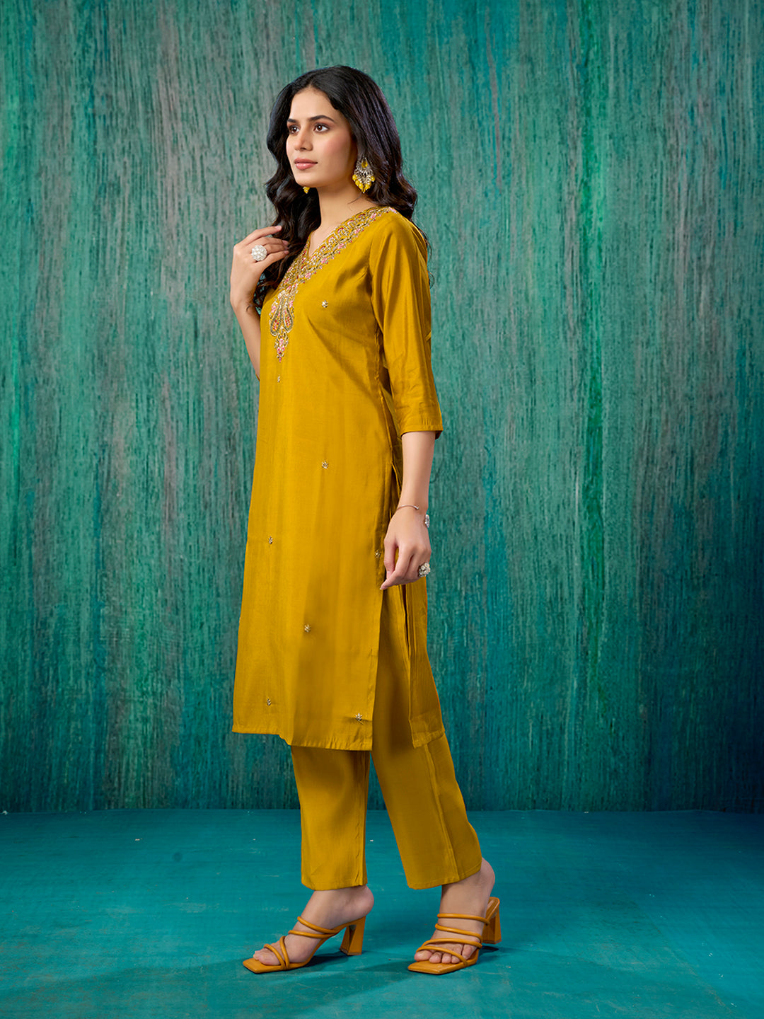 Mustard Thread Embroidered Chanderi Straight Salwar Suit