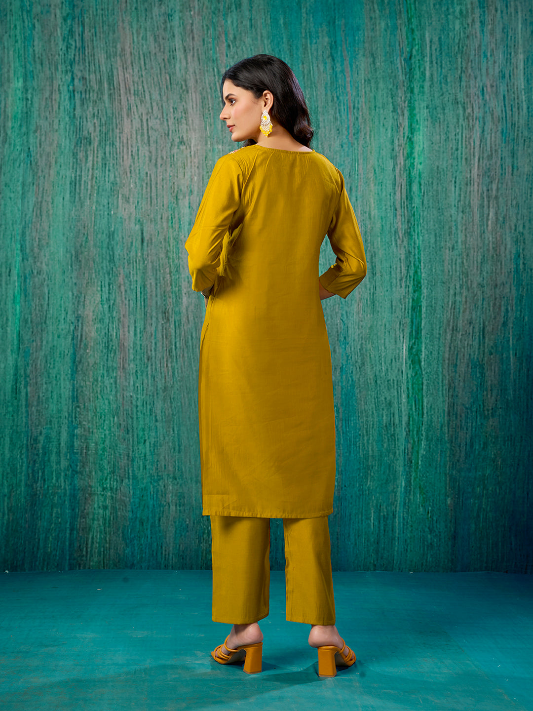 Mustard Thread Embroidered Chanderi Straight Salwar Suit