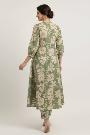 Floral Whisper Green Cotton Flex A-Line Cut Co-Ord Set