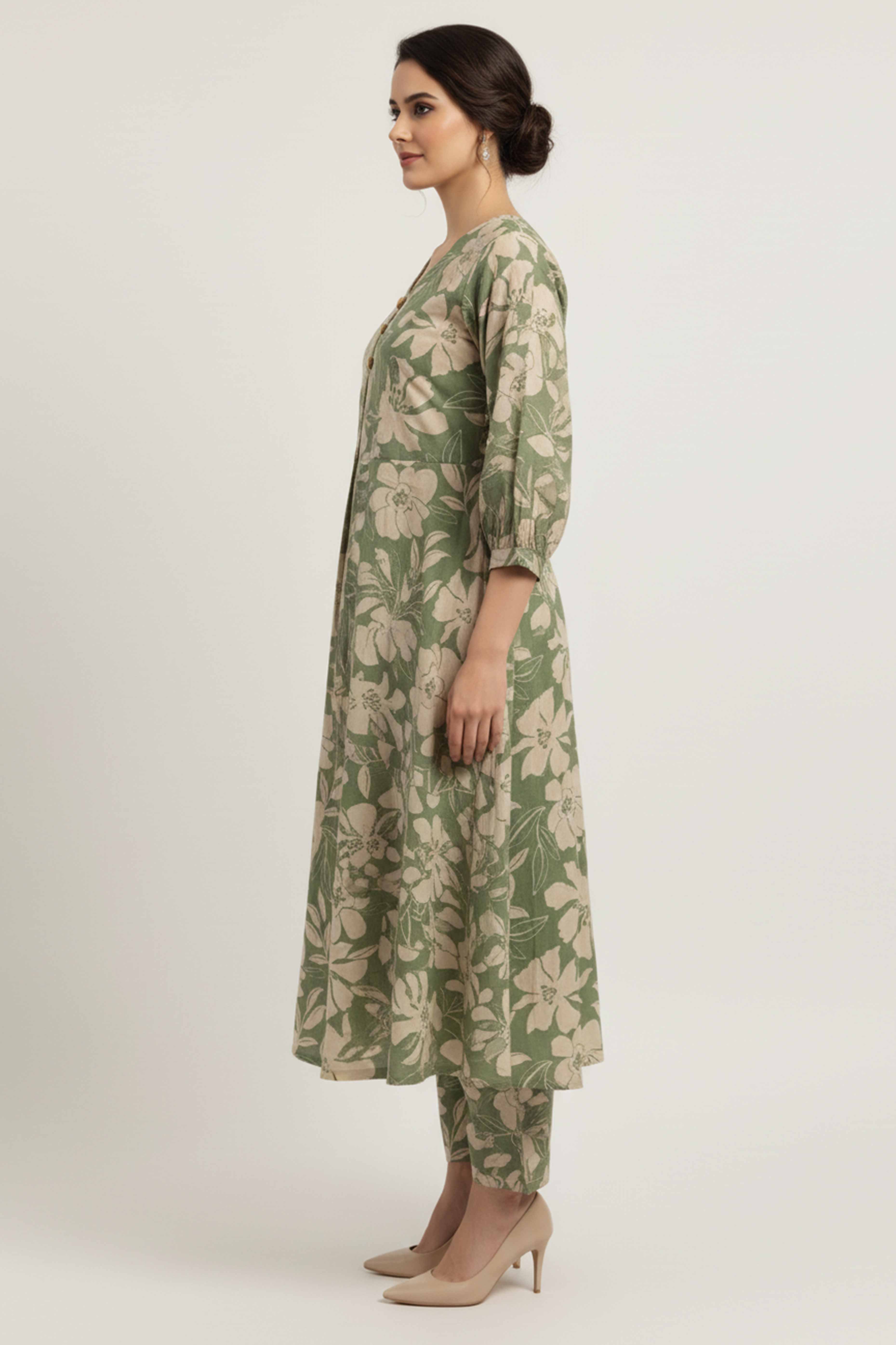 Floral Whisper Green Cotton Flex A-Line Cut Co-Ord Set