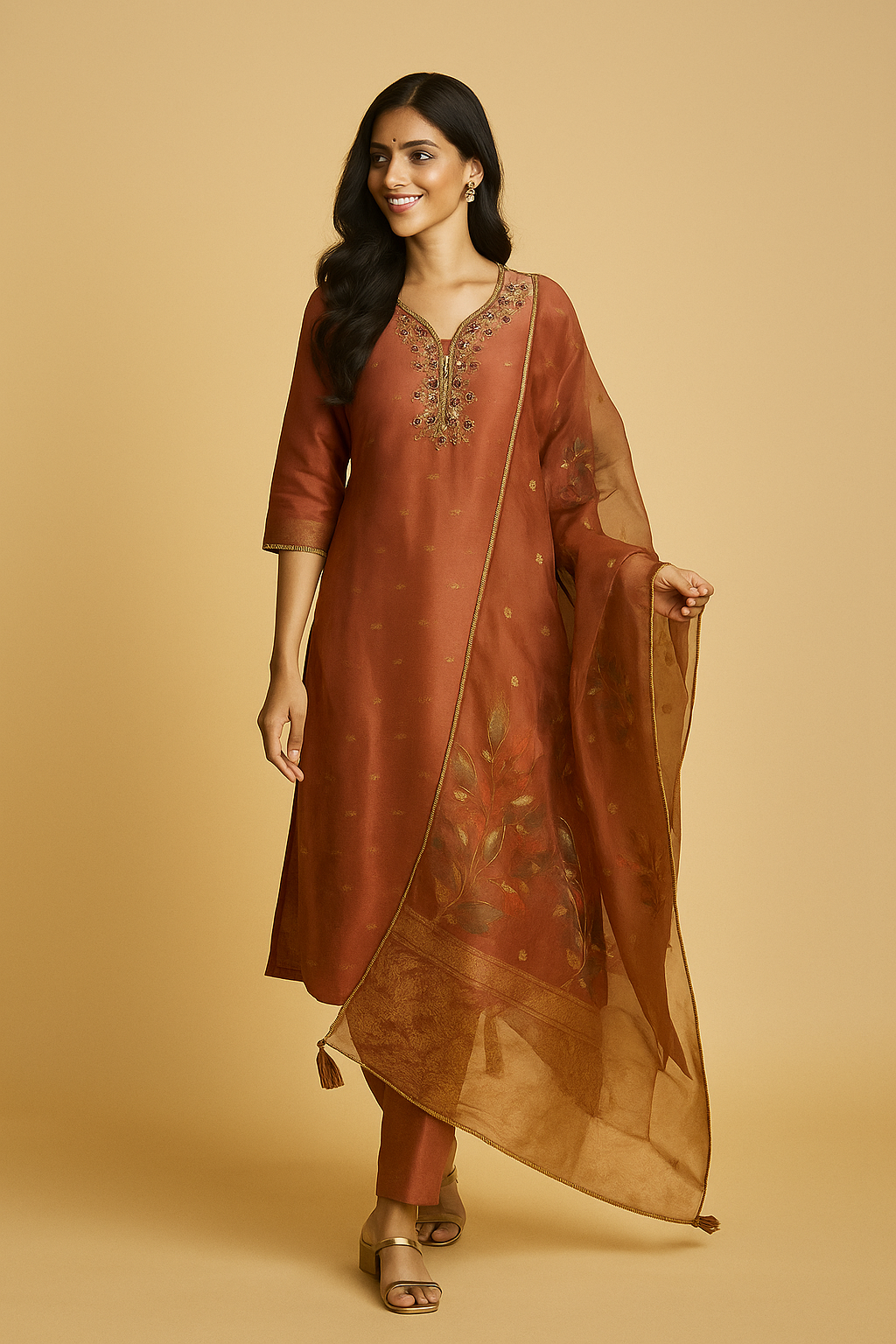 Elegant Brown Embroidered Shimmer Suit with Subtle Weaving and embroidered Details