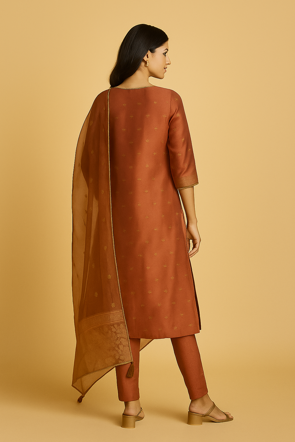 Elegant Brown Embroidered Shimmer Suit with Subtle Weaving and embroidered Details