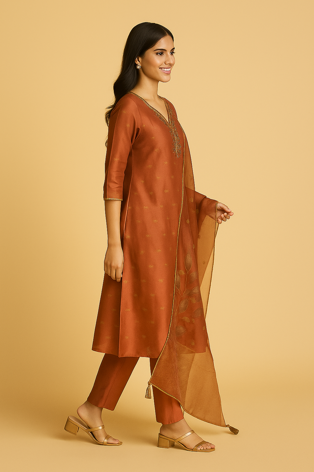 Elegant Brown Embroidered Shimmer Suit with Subtle Weaving and embroidered Details