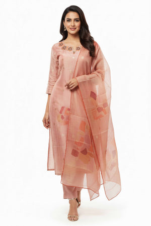 Peach Shimmer Straight Salwar Suit Featuring Intricate Floral Embroidery on the Neckline