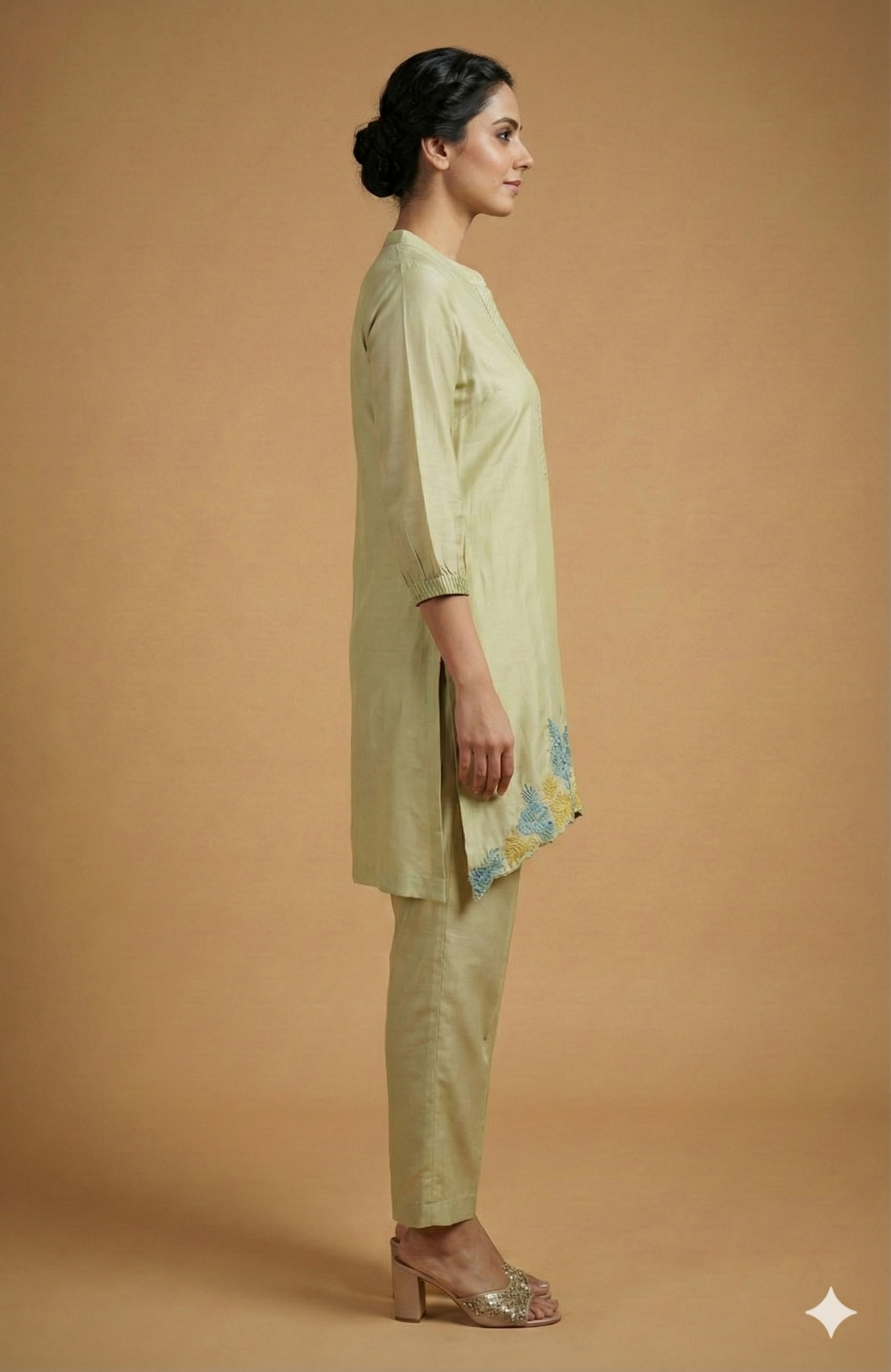 Green Floral Embroidered Chanderi Silk A-Line Top and Bottom Set for Sophisticated Ethnic Styling