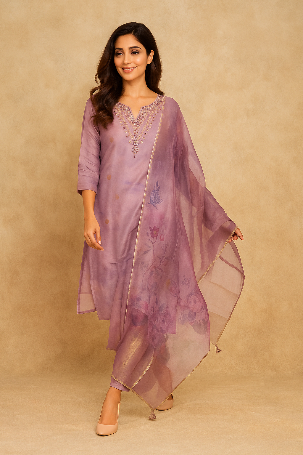 Lavender Floral Embroidered Salwar Suit Adorned With Delicate Beads Work On Shimmer