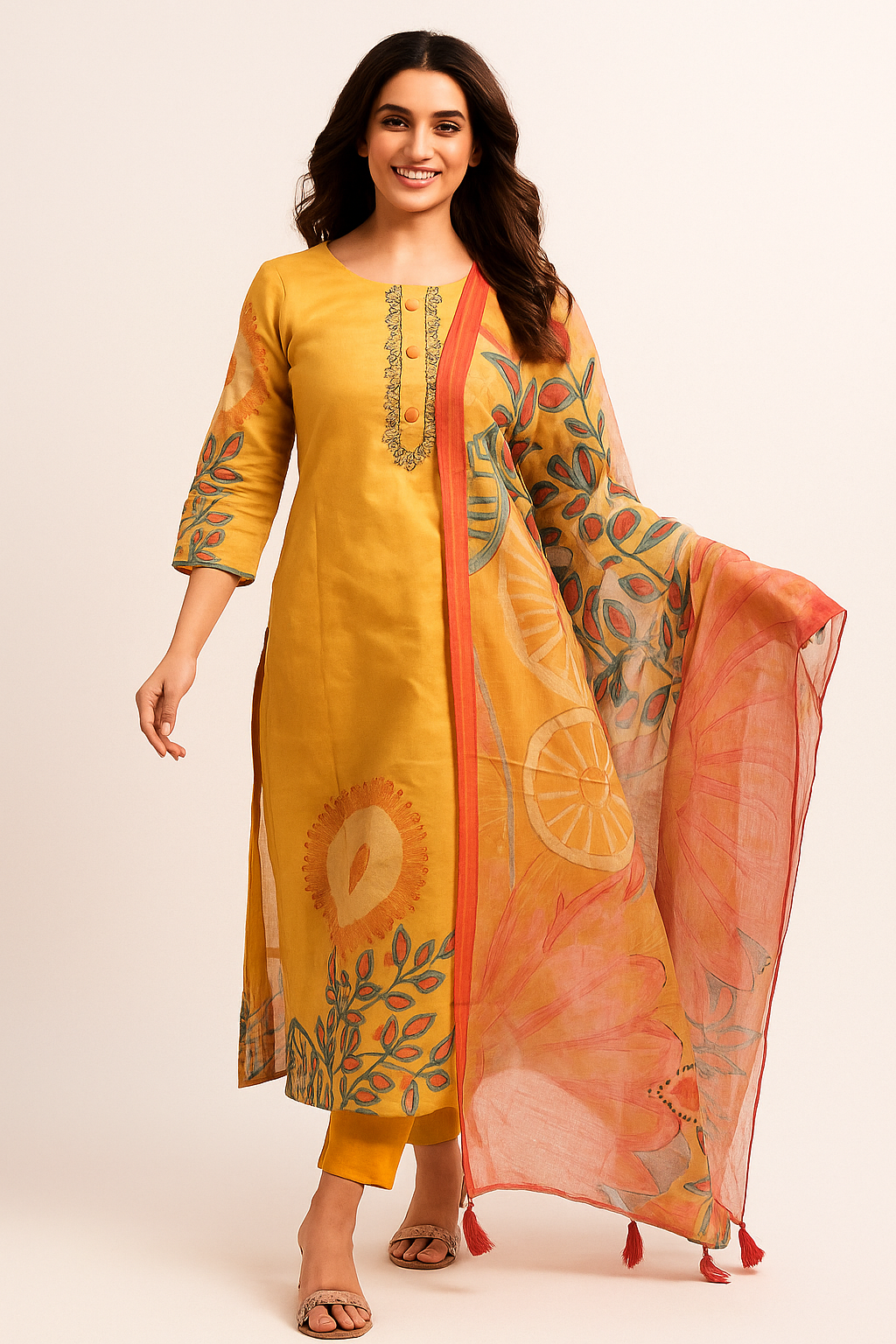 Yellow Floral Printed Pure Cotton Straight Cut Suit Accentuated With Graceful Mirror & Beads Work