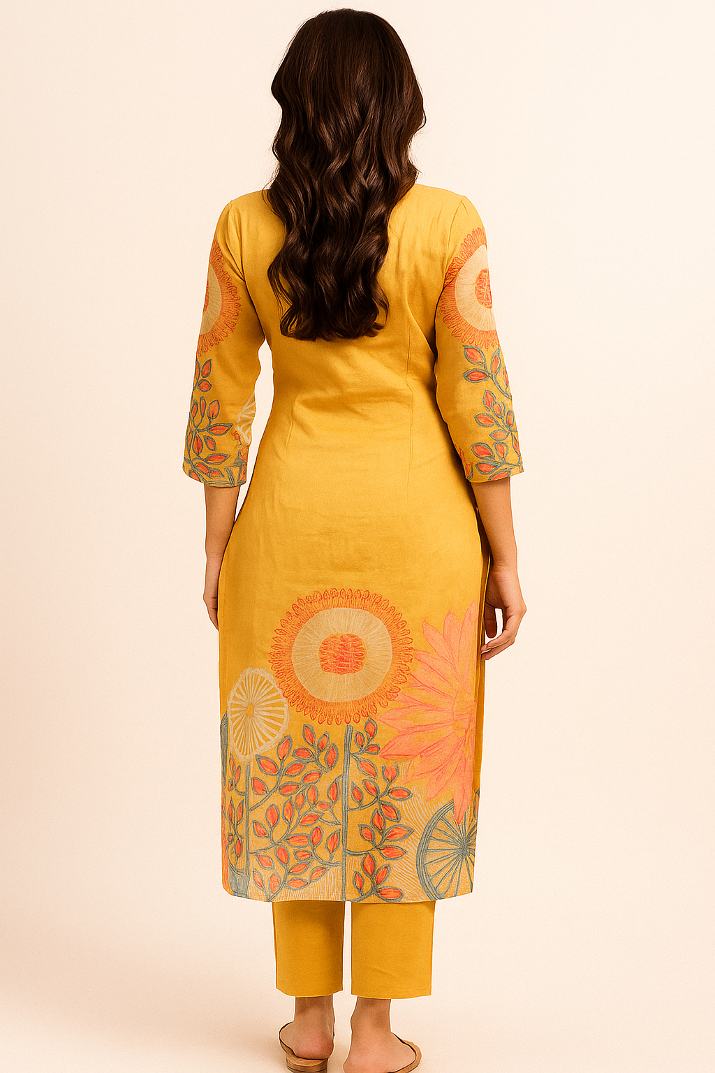 Yellow Floral Printed Pure Cotton Straight Cut Suit Accentuated With Graceful Mirror & Beads Work