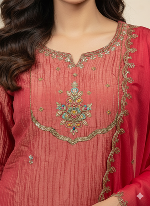 Rust Pure Viscose Silk Suit with Detailed Thread Work Embellishments