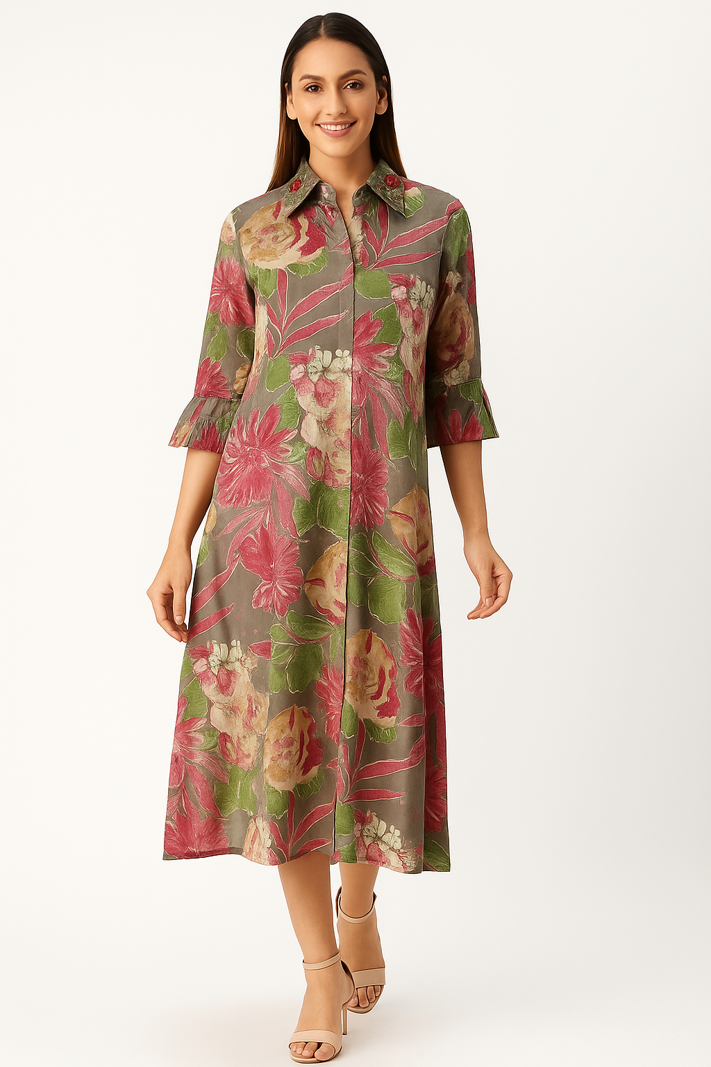 Multicolor Floral Printed Dress Kurti in Soft Muslin with Foil Finish Highlights