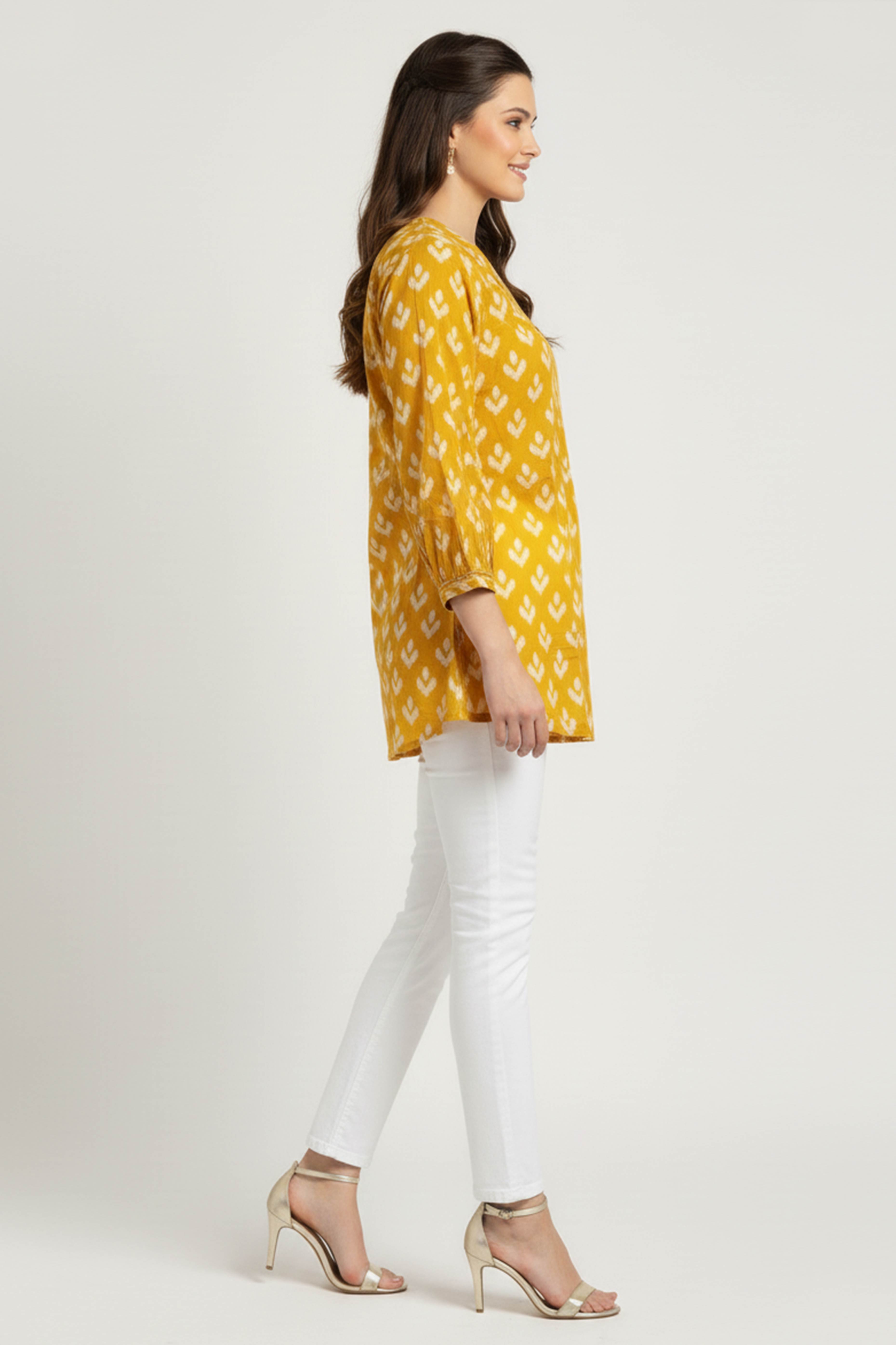 Mustard Timeless Ikkat Printed A-Line Top in Pure Cotton