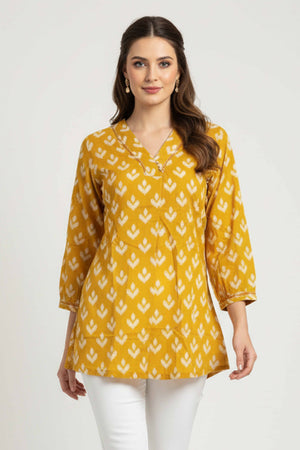 Mustard Timeless Ikkat Printed A-Line Top in Pure Cotton