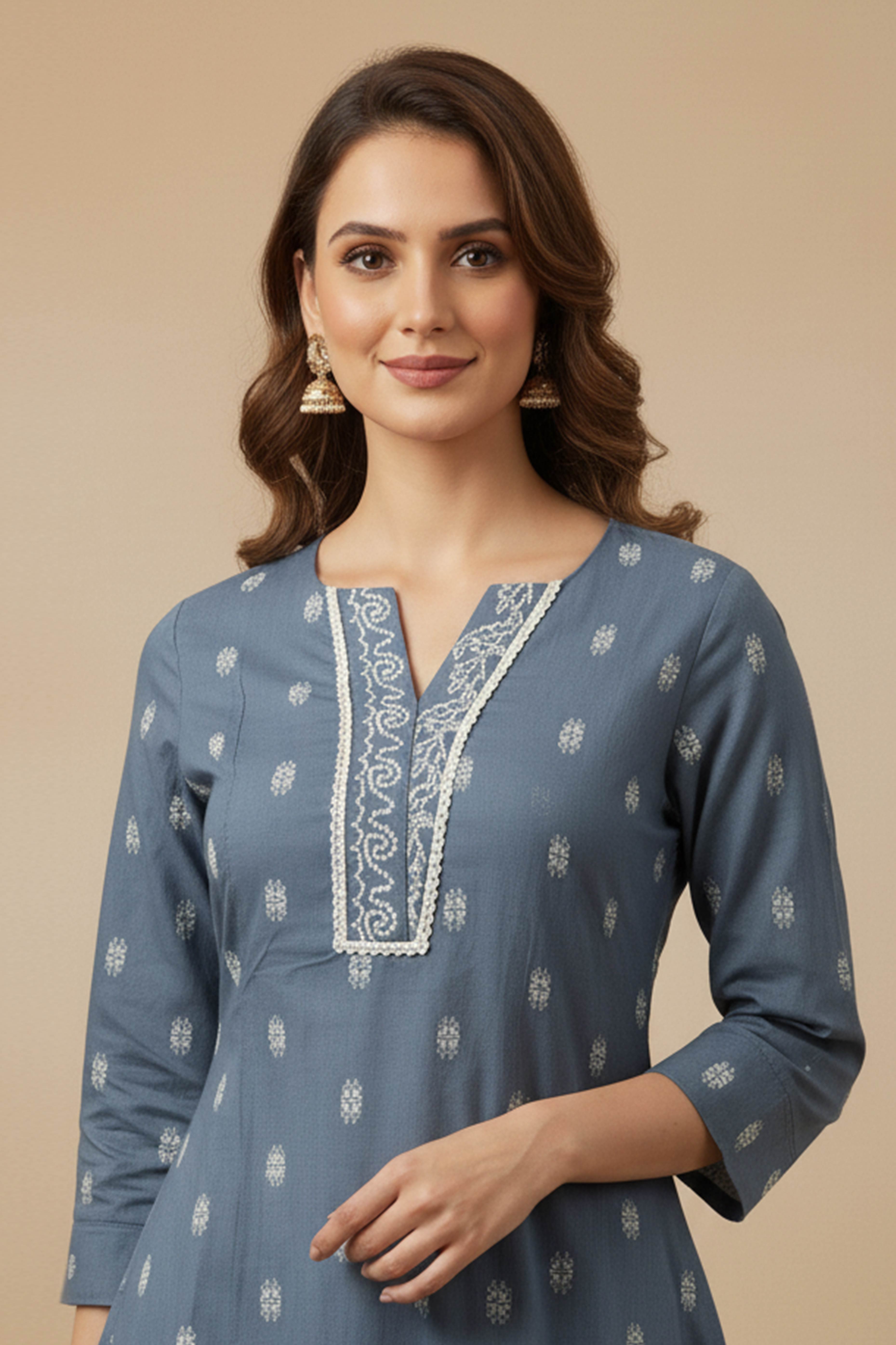 Pure Cotton Blue A-Line Top Bottom Set with Ethnic Weaves