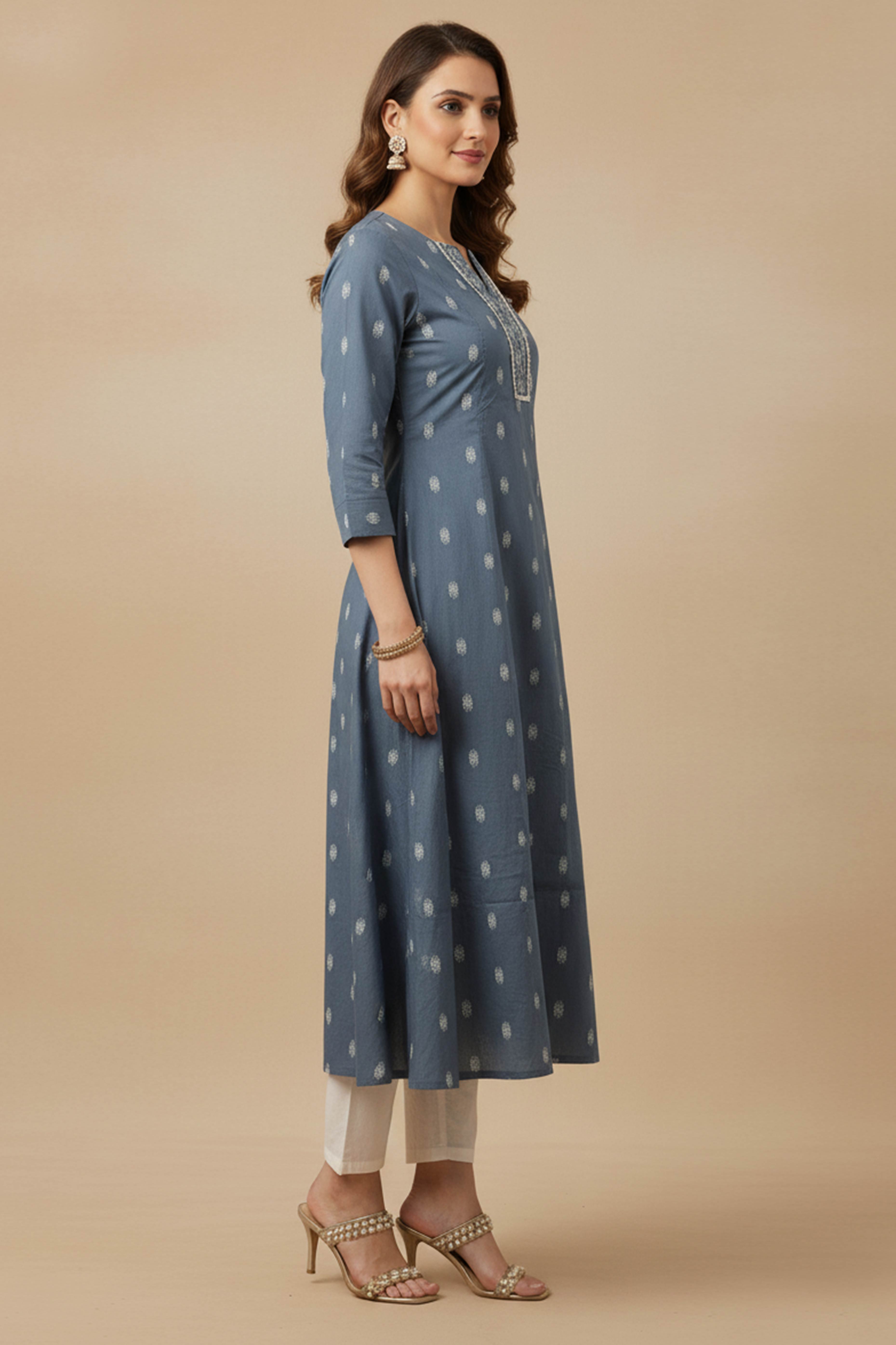 Pure Cotton Blue A-Line Top Bottom Set with Ethnic Weaves