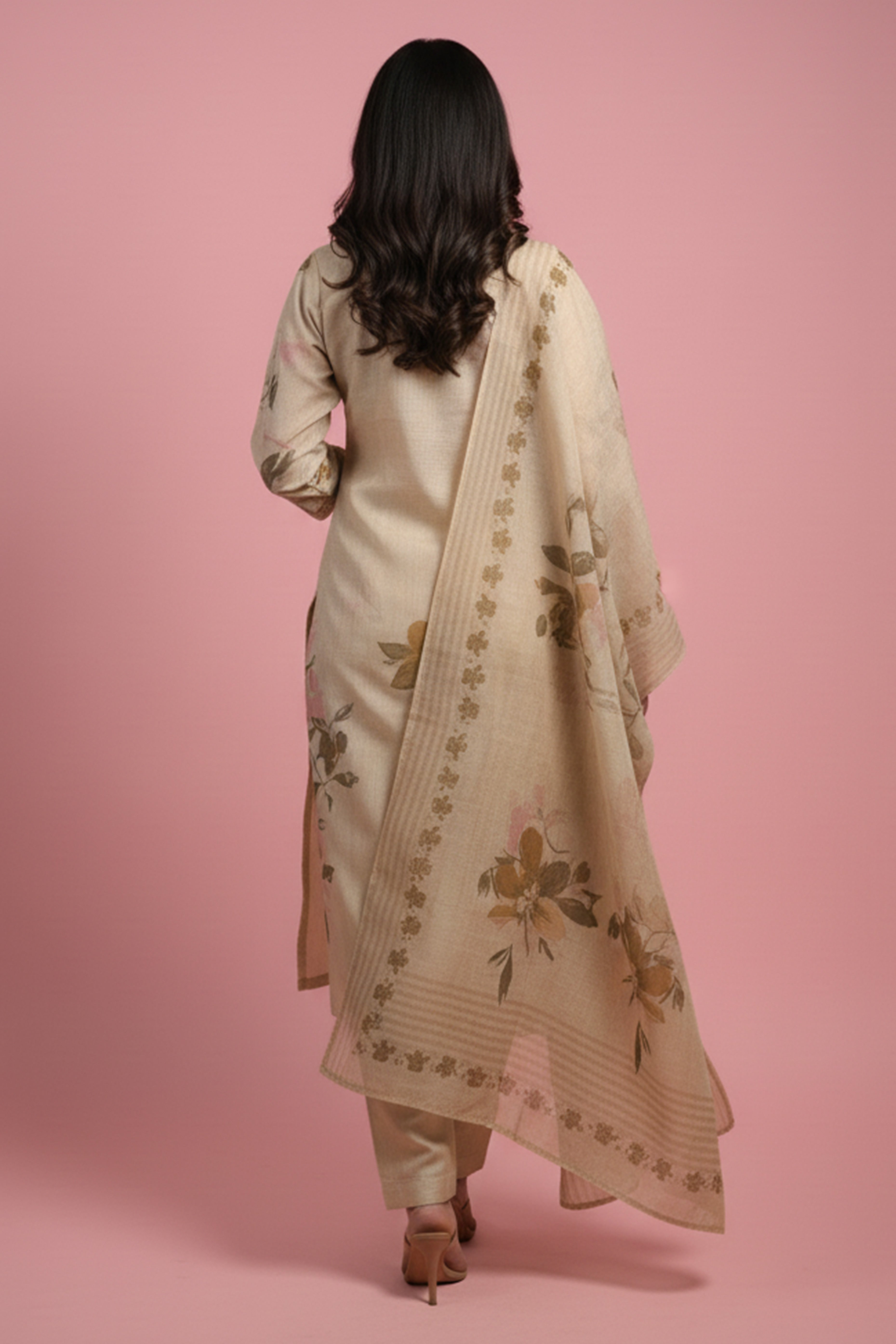 Chikoo Floral Printed Salwar Suit in Pure Cotton with Artisanal Embroidered Neck Detailing