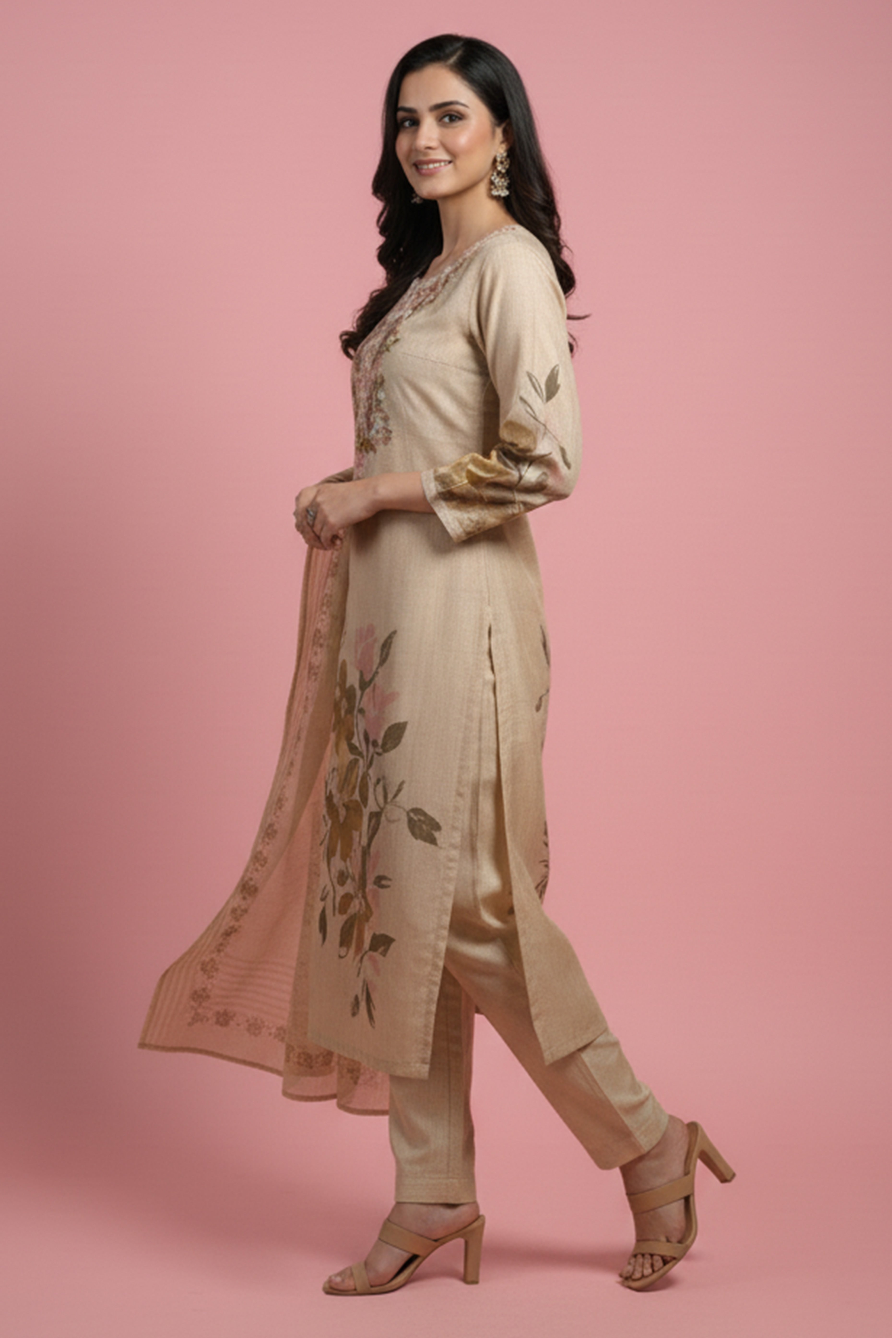 Chikoo Floral Printed Salwar Suit in Pure Cotton with Artisanal Embroidered Neck Detailing