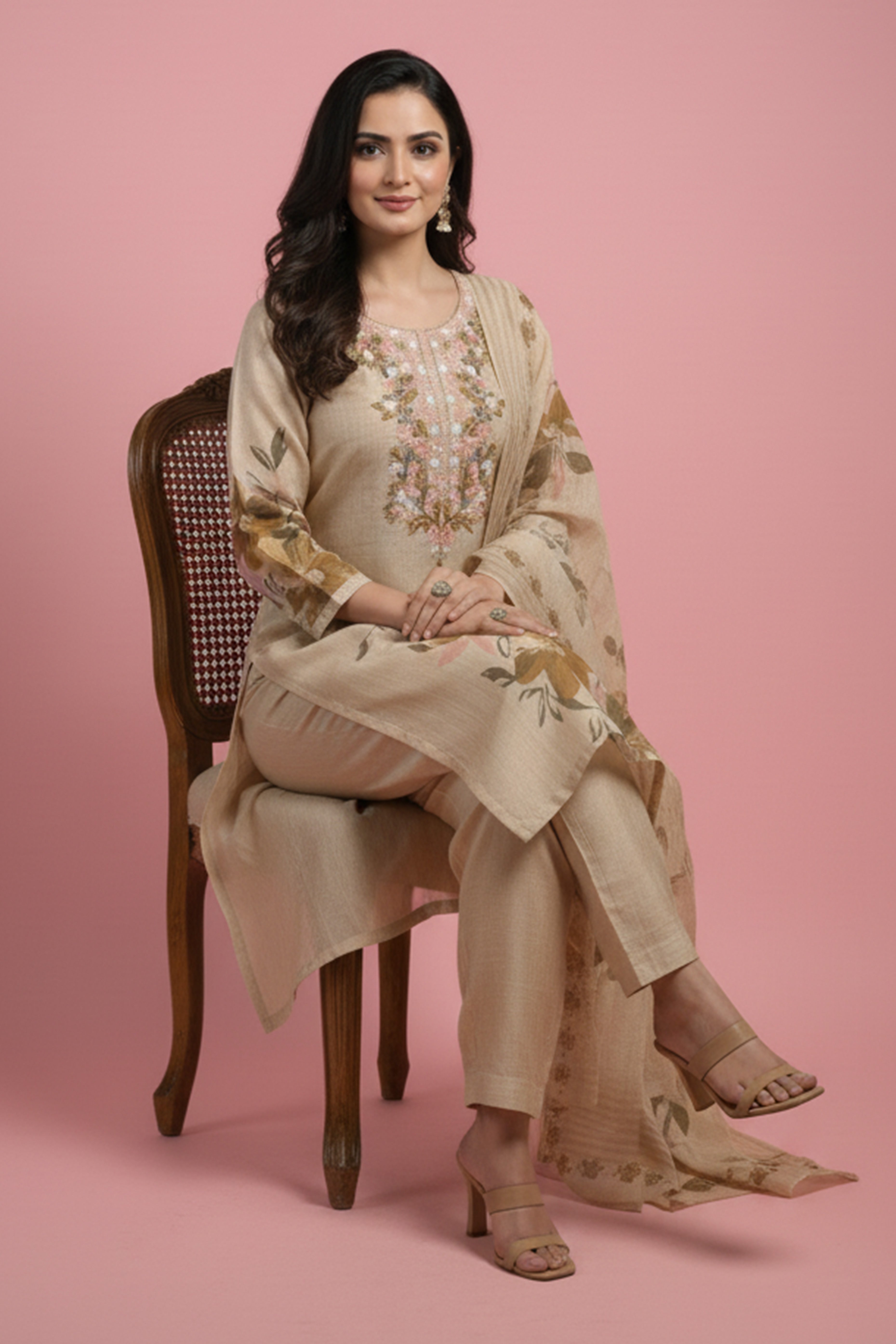 Chikoo Floral Printed Salwar Suit in Pure Cotton with Artisanal Embroidered Neck Detailing