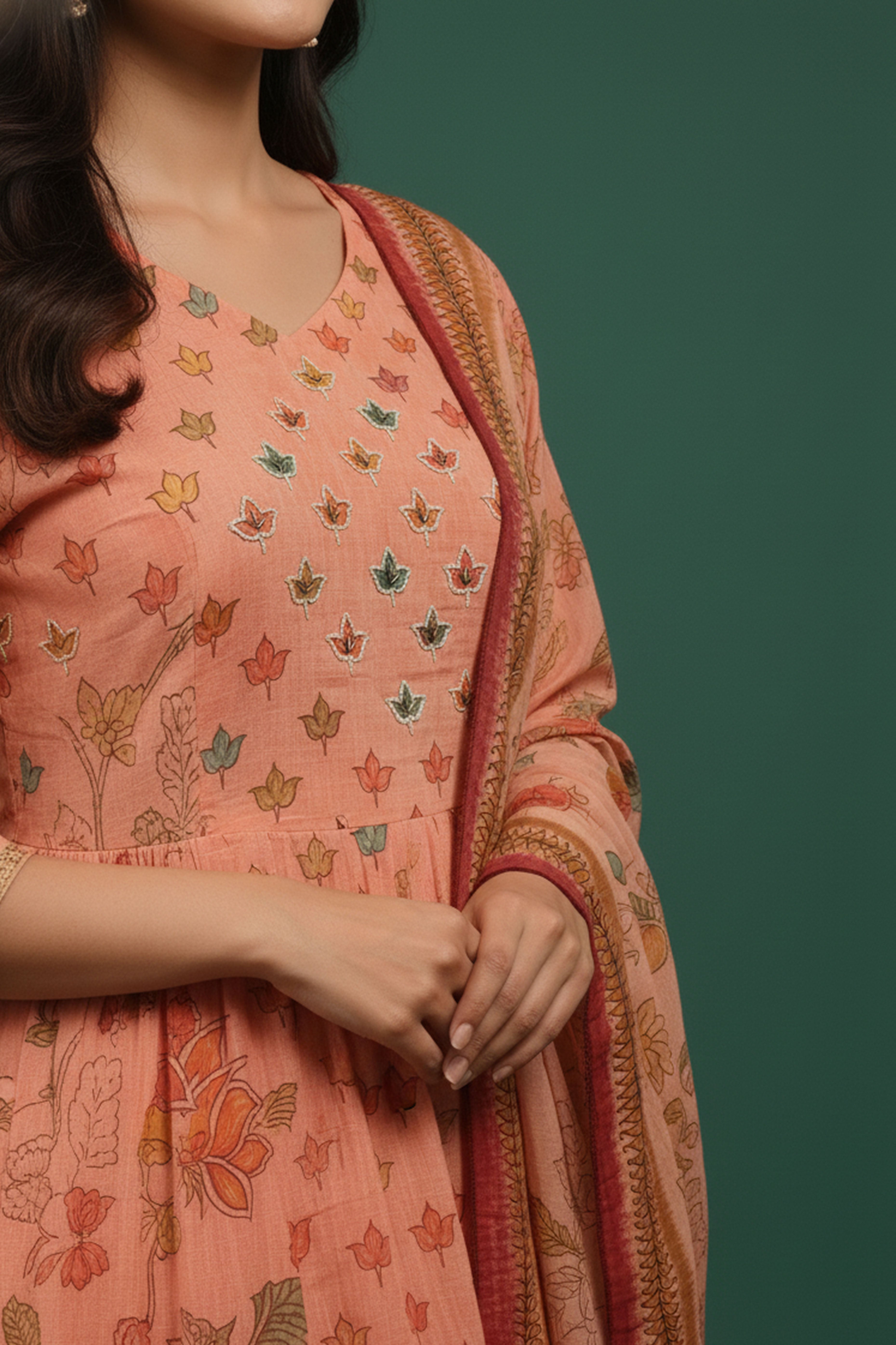 Trendy Light Rust A-Line Salwar Suit in Pure Mulmul Cotton with Floral Print