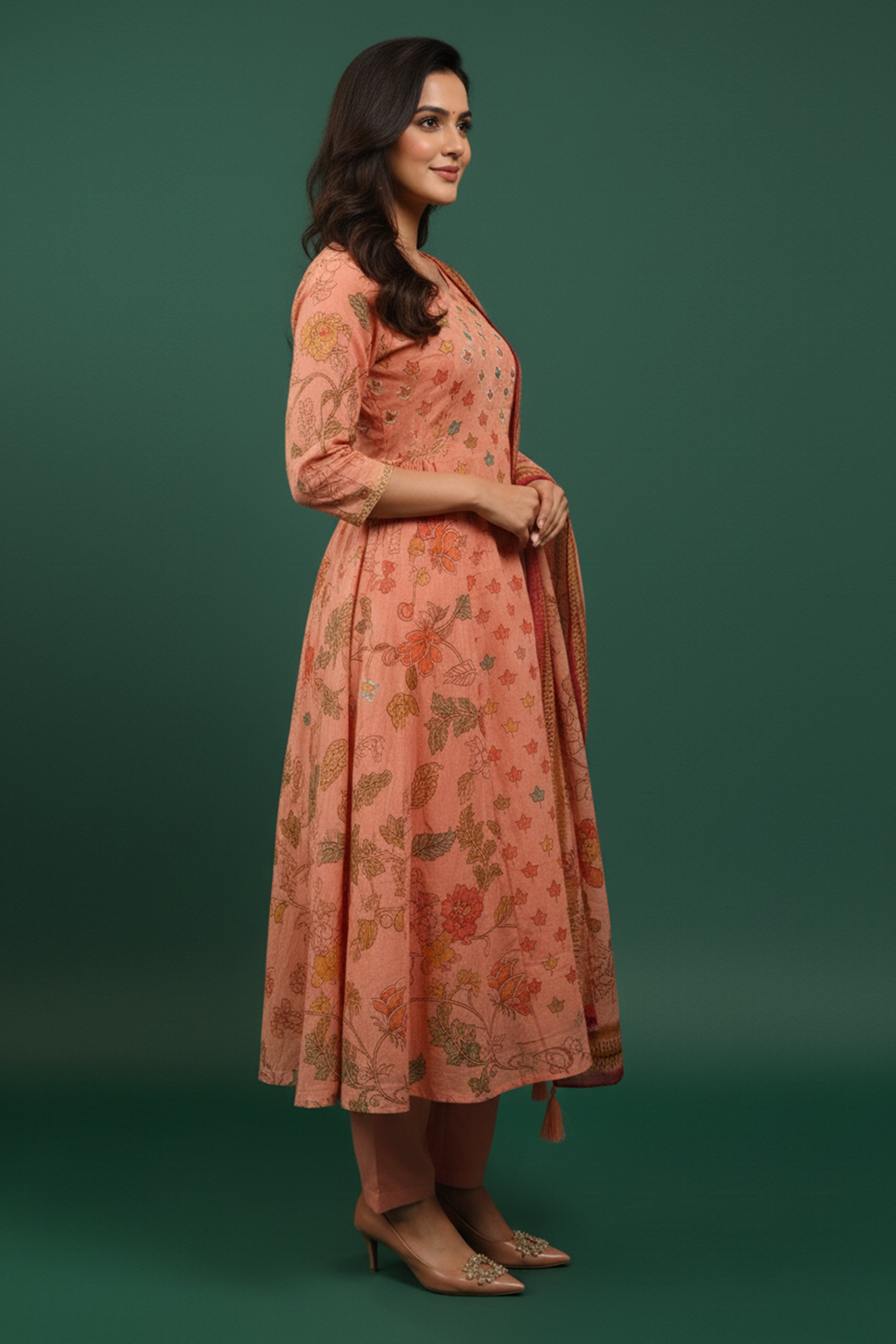 Trendy Light Rust A-Line Salwar Suit in Pure Mulmul Cotton with Floral Print