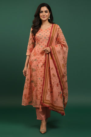 Trendy Light Rust A-Line Salwar Suit in Pure Mulmul Cotton with Floral Print