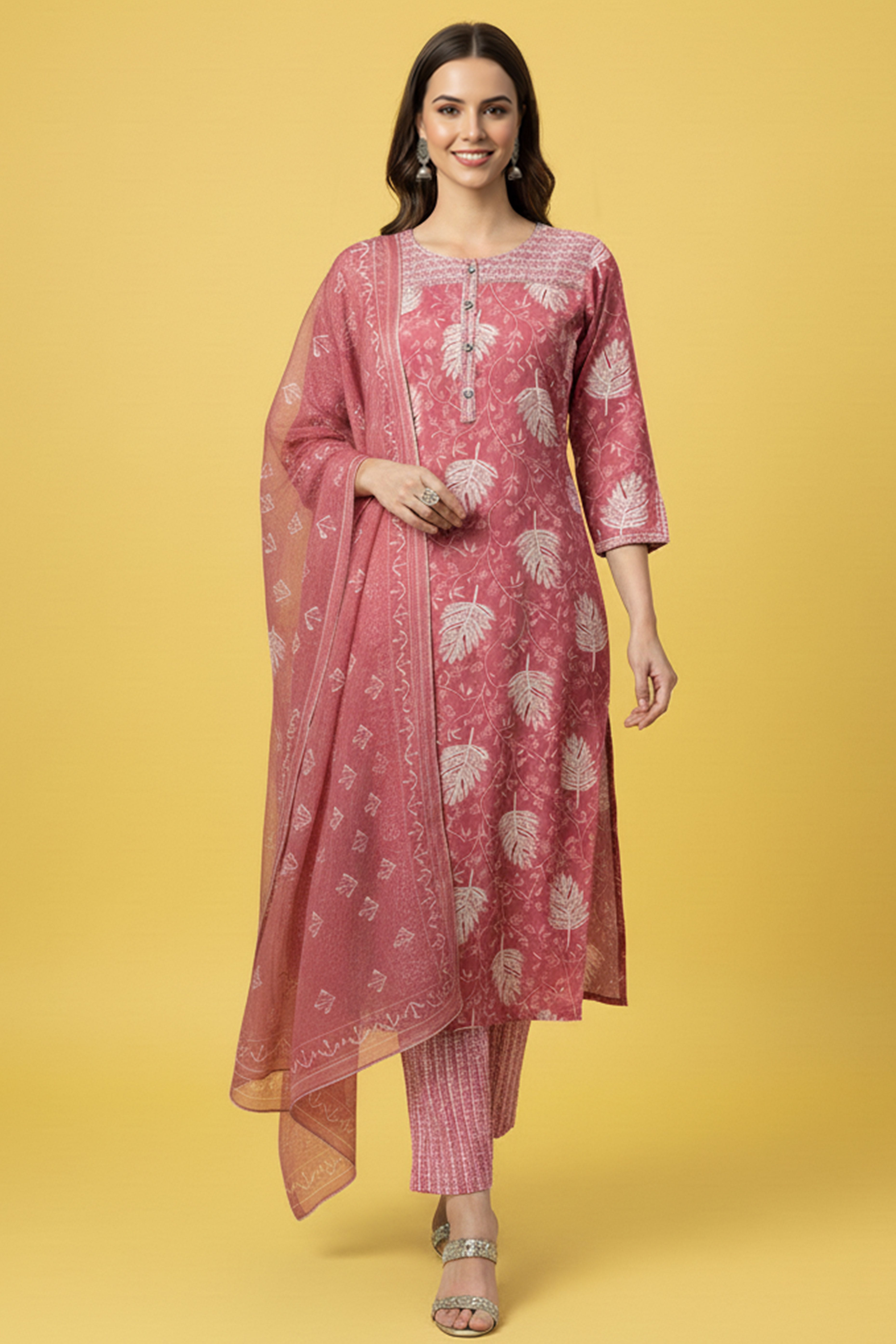Pink Rayon Straight Suit Set with Subtle Floral Motifs Crafted in Breathable Capsule Rayon
