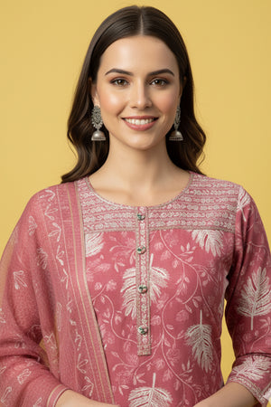 Pink Rayon Straight Suit Set with Subtle Floral Motifs Crafted in Breathable Capsule Rayon