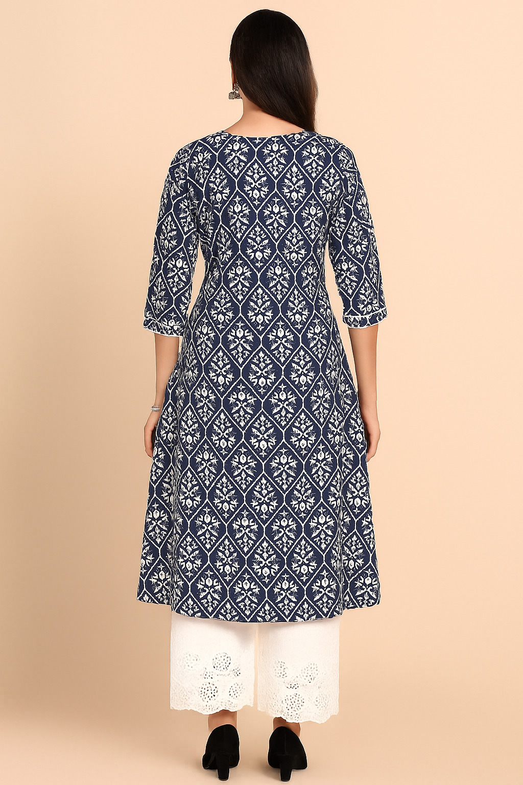 Navy Blue Pure Cotton Co-Ord Set with Ikkat Print A-Line Top