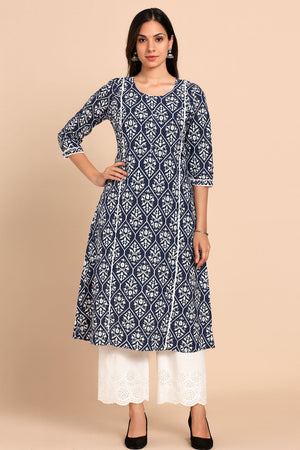 Navy Blue Pure Cotton Co-Ord Set with Ikkat Print A-Line Top