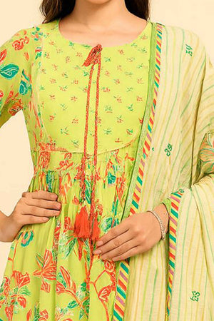 Light Green Pure Mulmul Cotton Salwar Suit with Delicate Floral Prints and Neckline Handwork