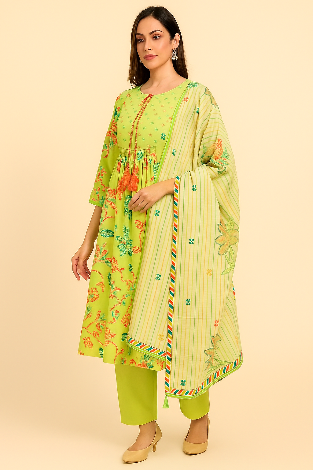 Light Green Pure Mulmul Cotton Salwar Suit with Delicate Floral Prints and Neckline Handwork