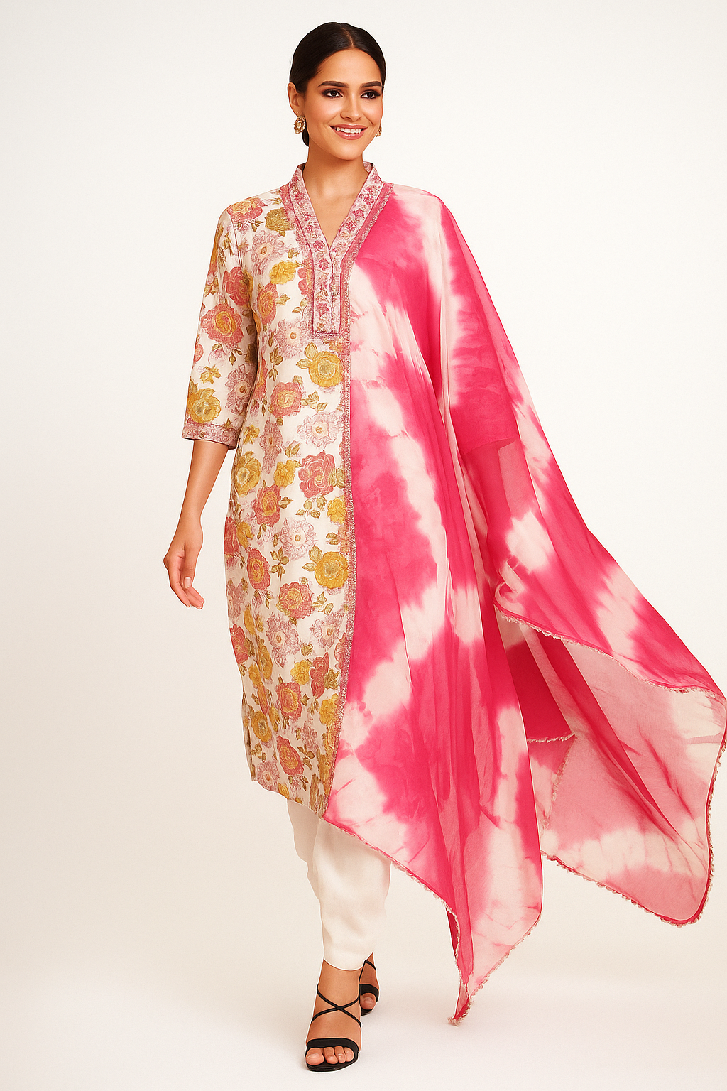 Elegant Peach Pure Cotton Salwar Suit Featuring Floral Print & Sequin Embroidered Neckline