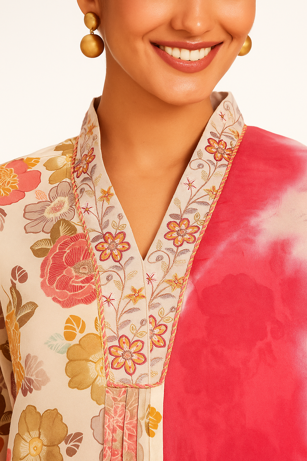 Elegant Peach Pure Cotton Salwar Suit Featuring Floral Print & Sequin Embroidered Neckline