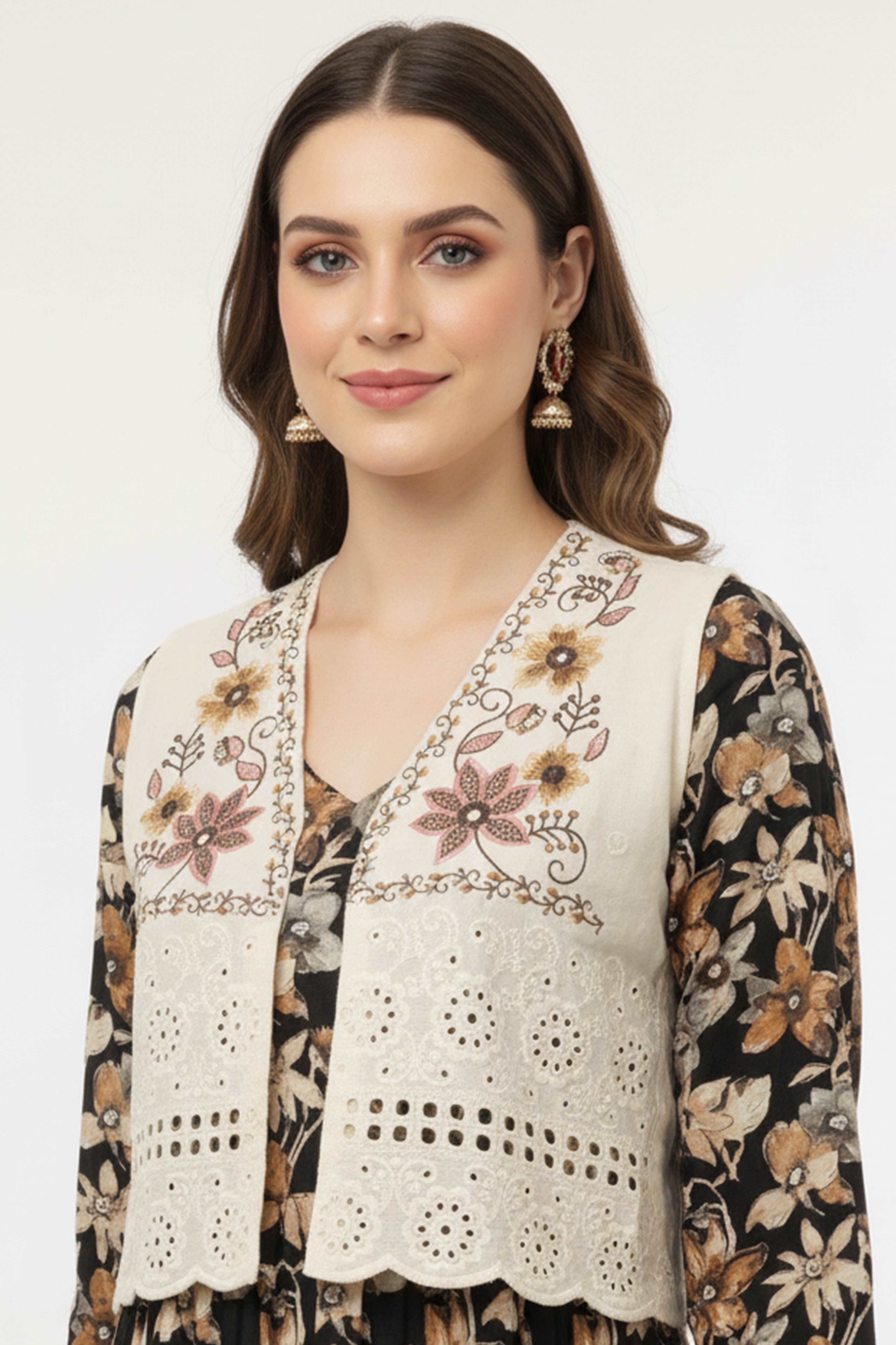 Black Floral Pure Cotton Midi Dress Kurti with Complementing Overlay Jacket