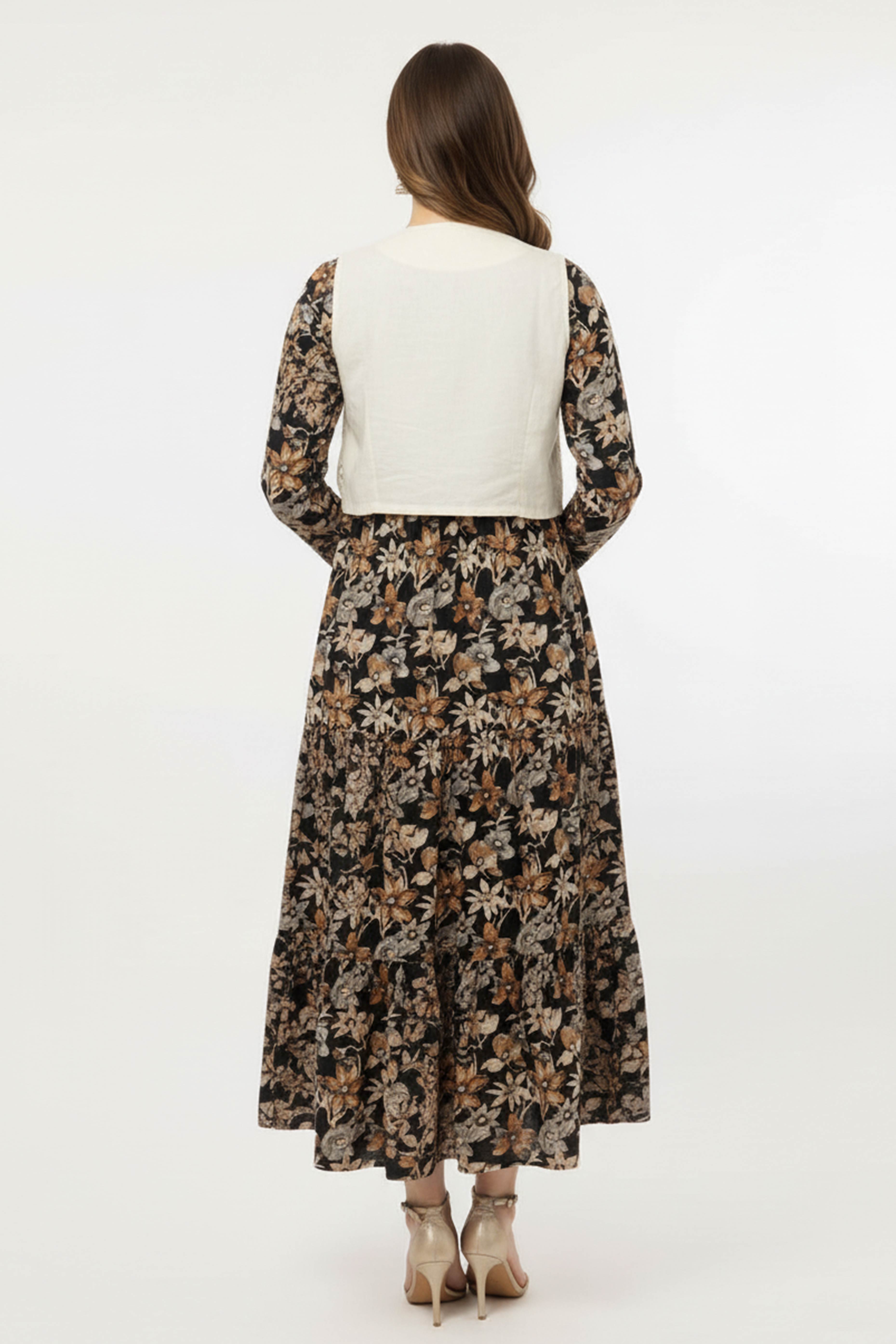 Black Floral Pure Cotton Midi Dress Kurti with Complementing Overlay Jacket