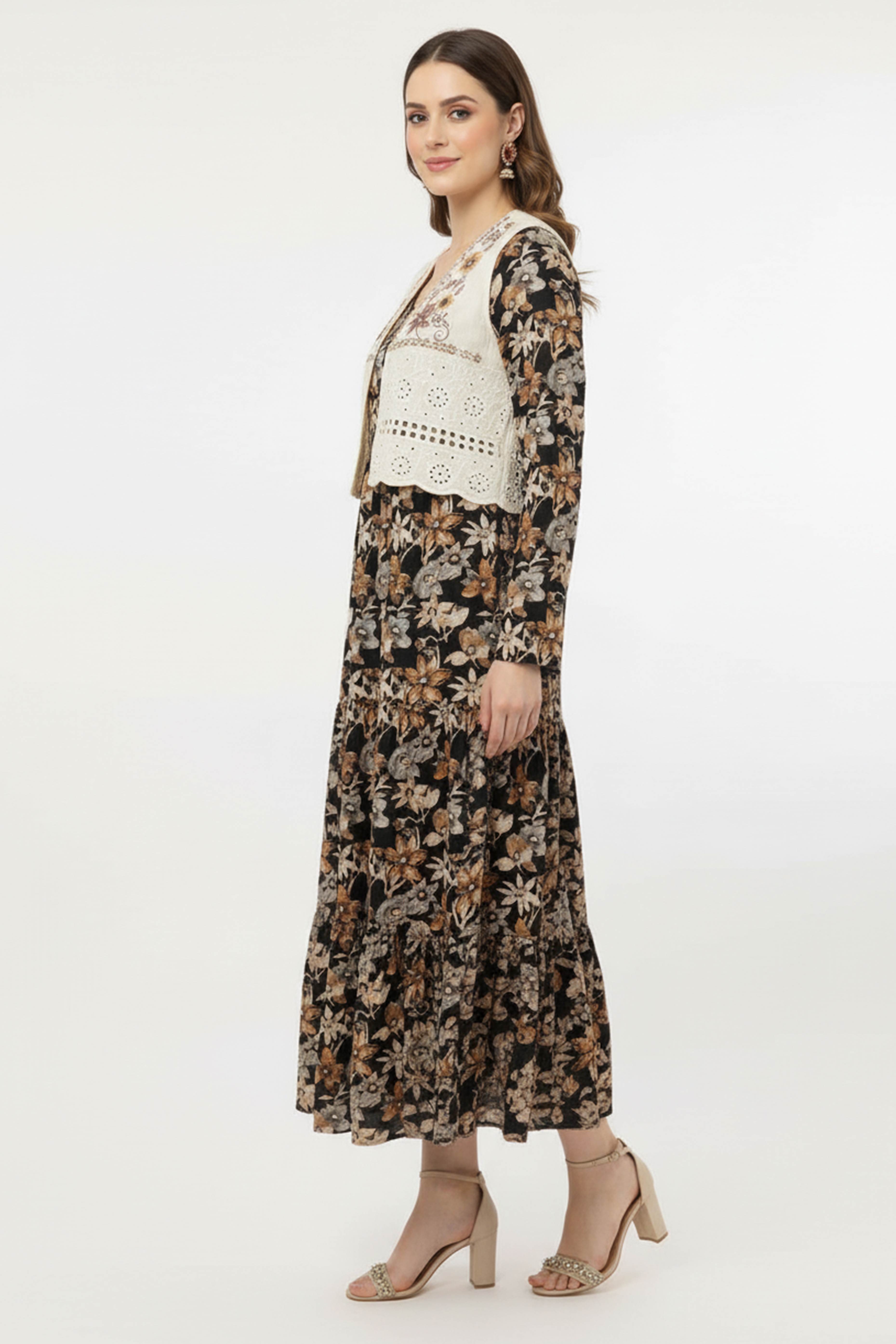 Black Floral Pure Cotton Midi Dress Kurti with Complementing Overlay Jacket