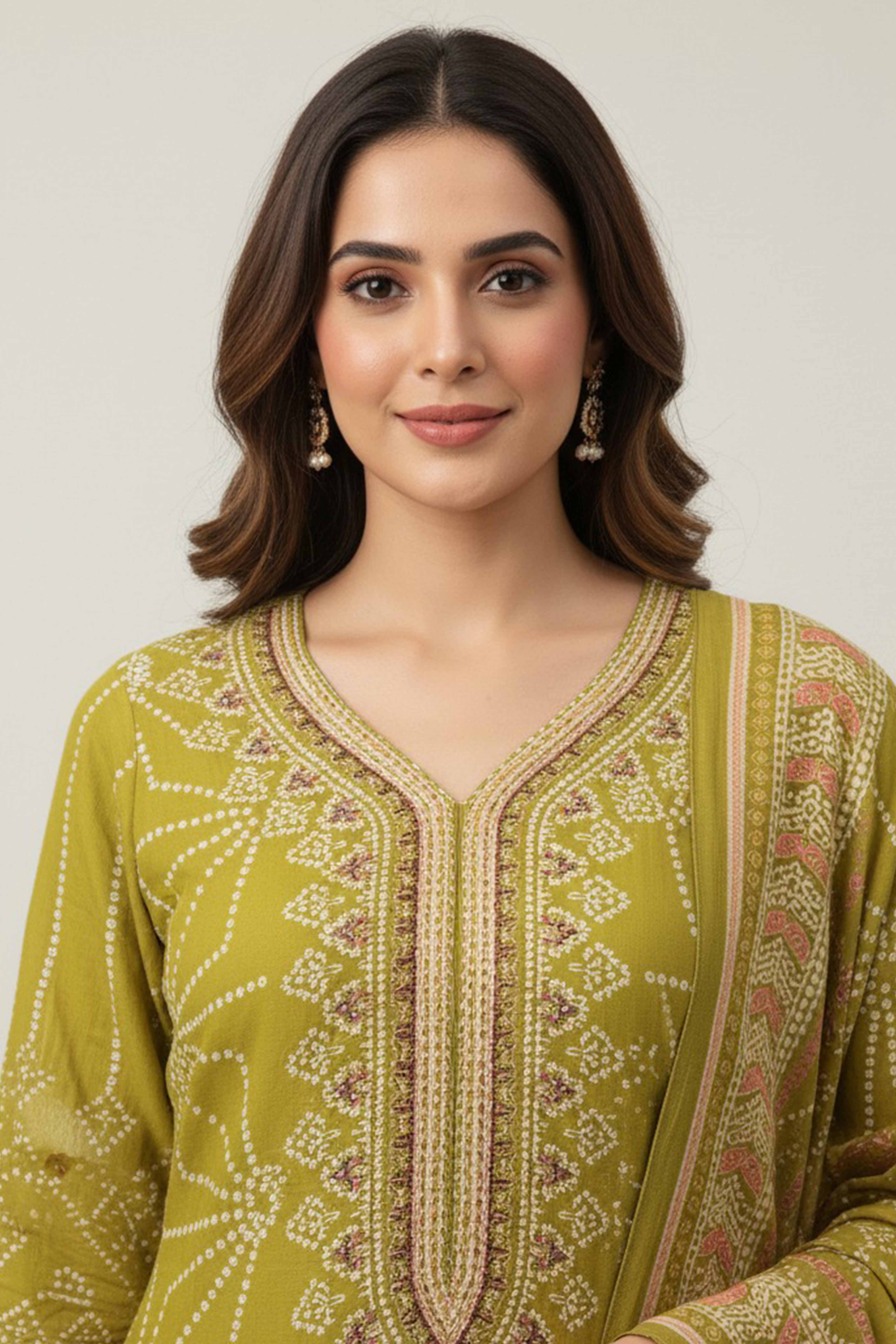 Olive Bandhani Print Pure Muslin Straight Suit with Handcrafted Bead Work