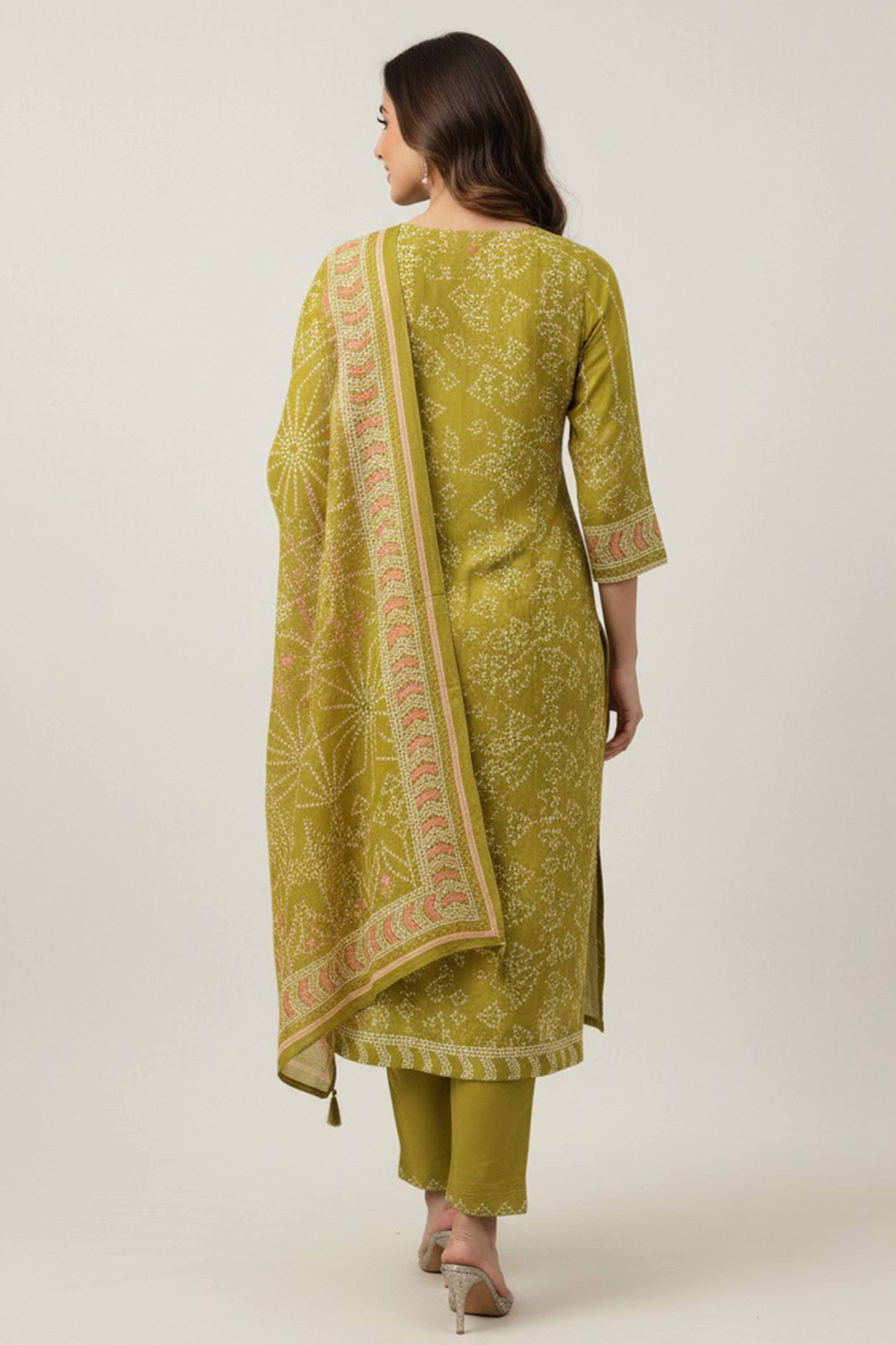 Olive Bandhani Print Pure Muslin Straight Suit with Handcrafted Bead Work