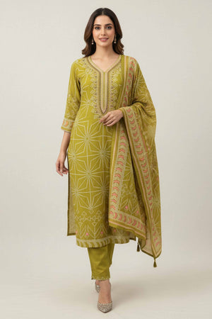 Olive Bandhani Print Pure Muslin Straight Suit with Handcrafted Bead Work