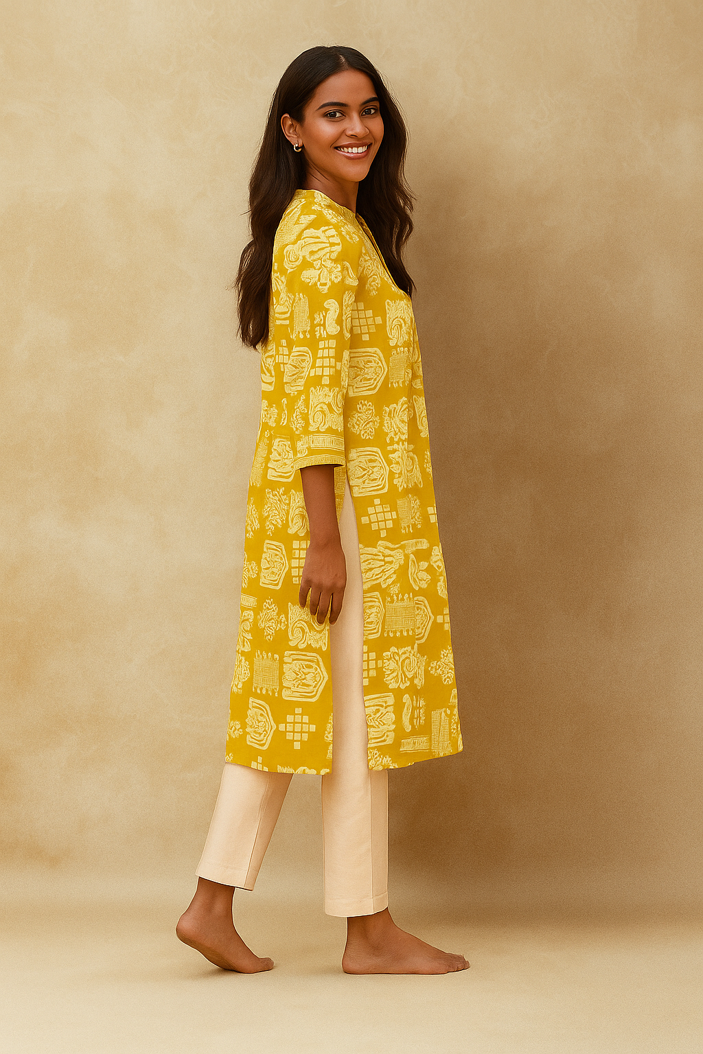 Olive Handblock Printed Pure Cotton A-Line Kurti