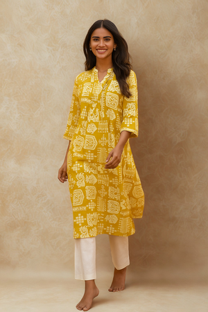 Olive Handblock Printed Pure Cotton A-Line Kurti