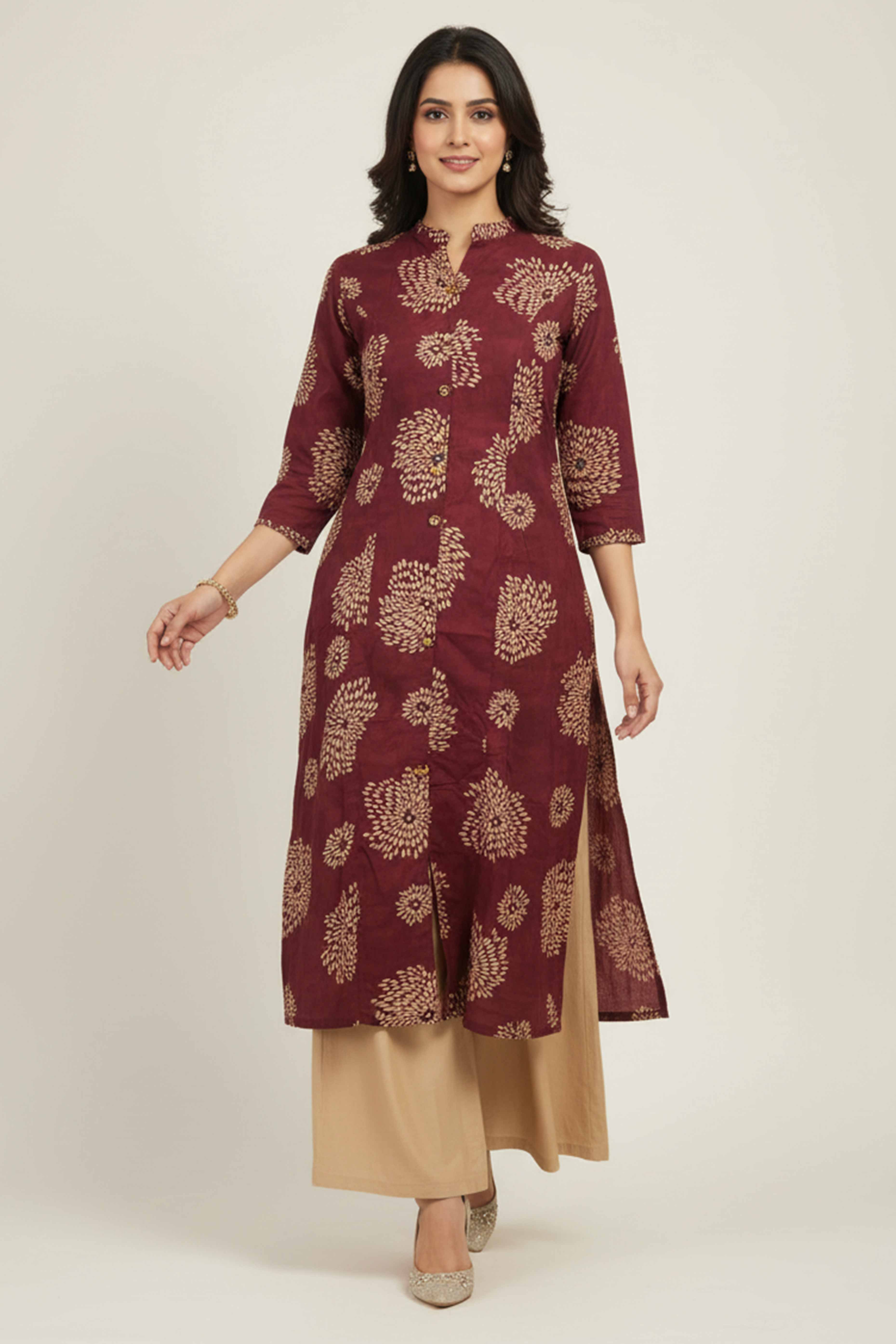 Maroon A-Line Kurti in Rayon with Stylish Foil Floral Pattern