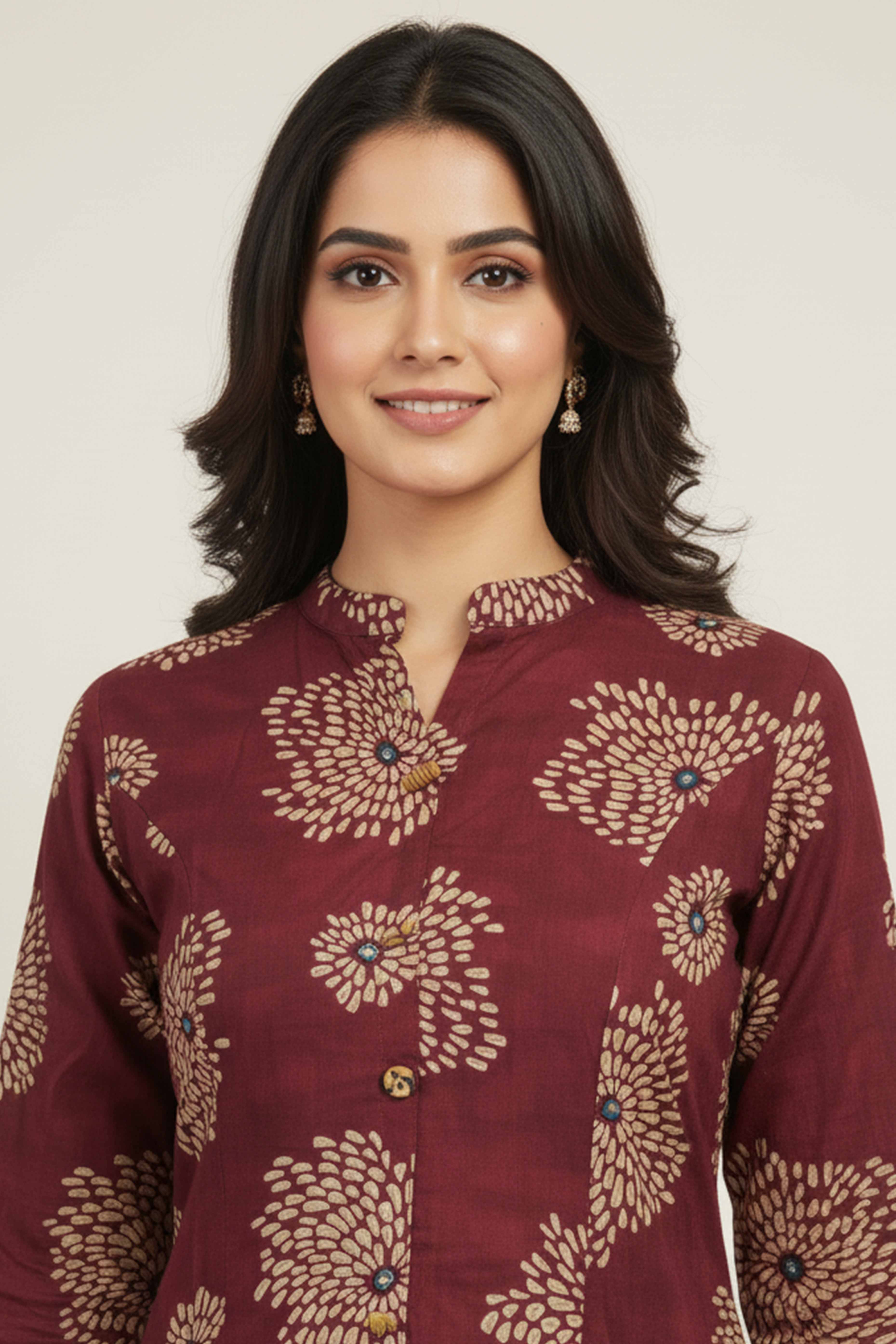 Maroon A-Line Kurti in Rayon with Stylish Foil Floral Pattern