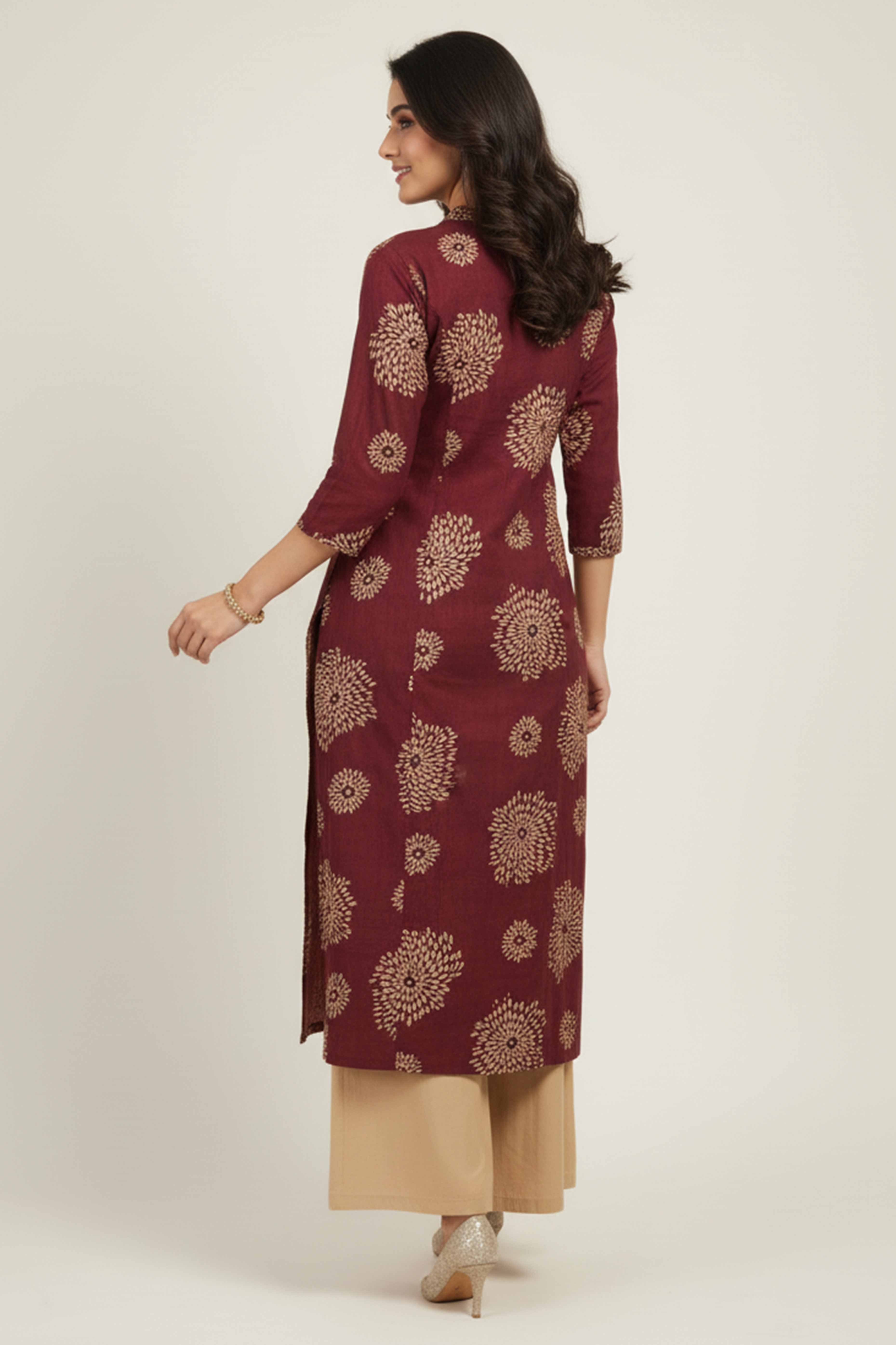 Maroon A-Line Kurti in Rayon with Stylish Foil Floral Pattern